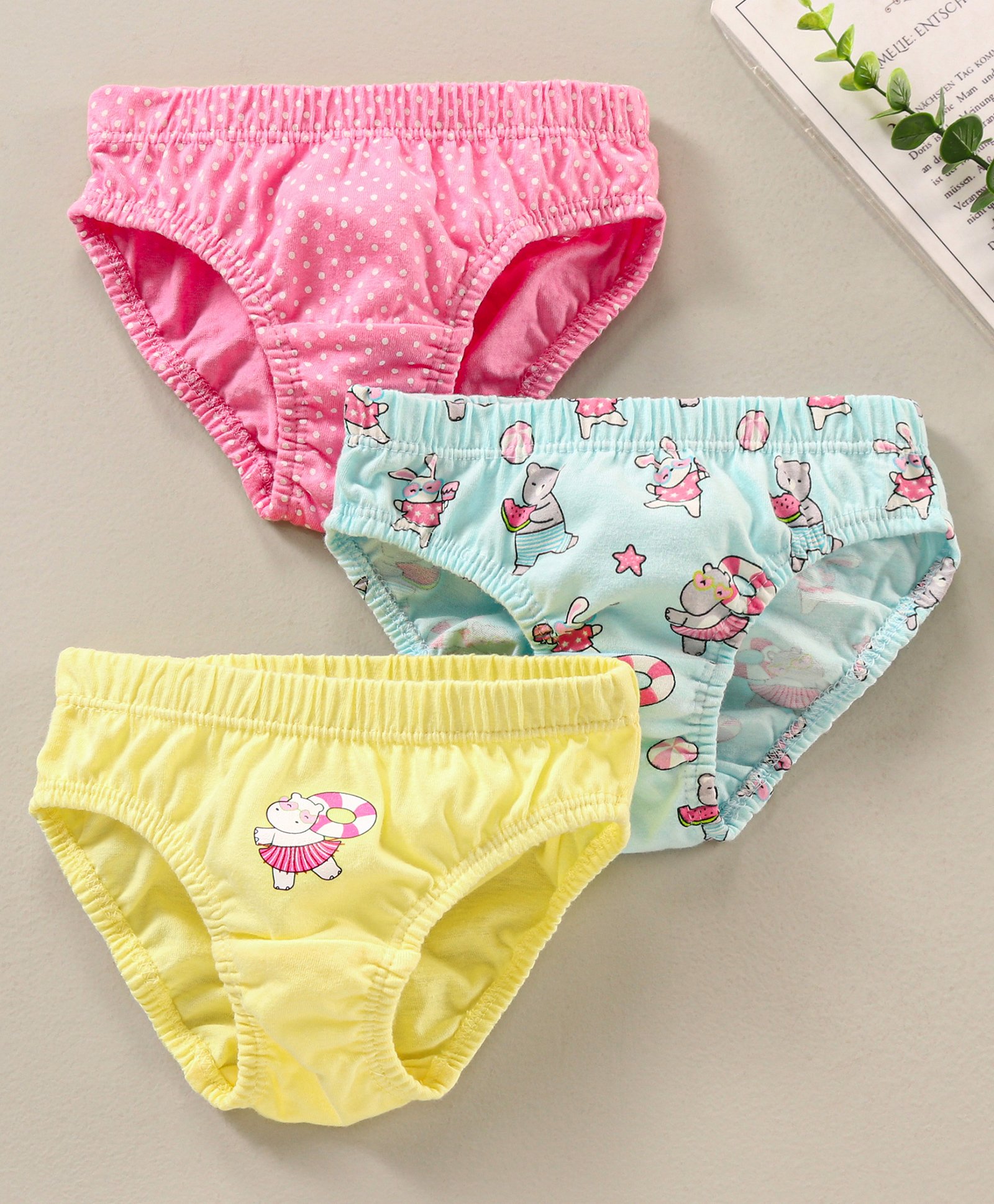 Babyhug 100% Cotton Dot Printed Pantied Pack Of 3 - Pink Yellow & Blue-image-34