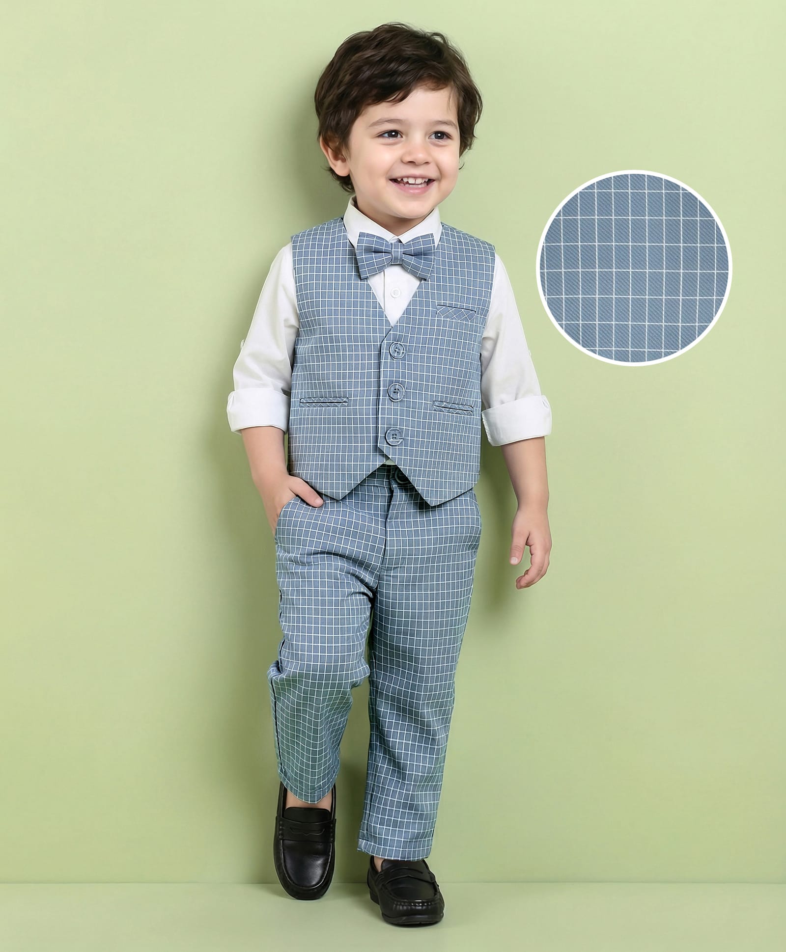 Mark & Mia Knit Full Sleeves Solid Shirt & Trouser Set With Waistcoat - Blue-image-30