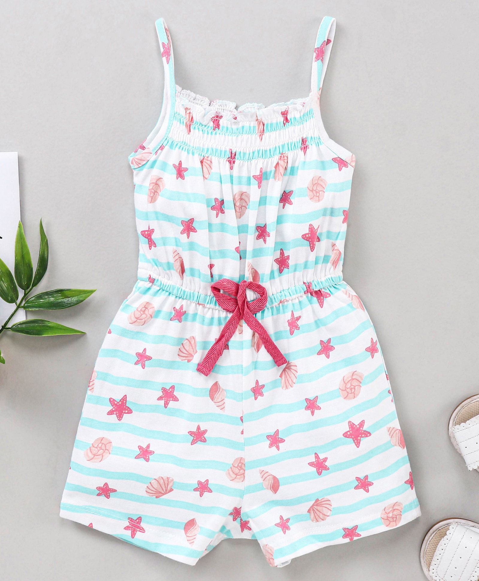 Babyhug 100% Cotton Sleeveless Jumpsuit Stripes & Stars Print - White-picture-26