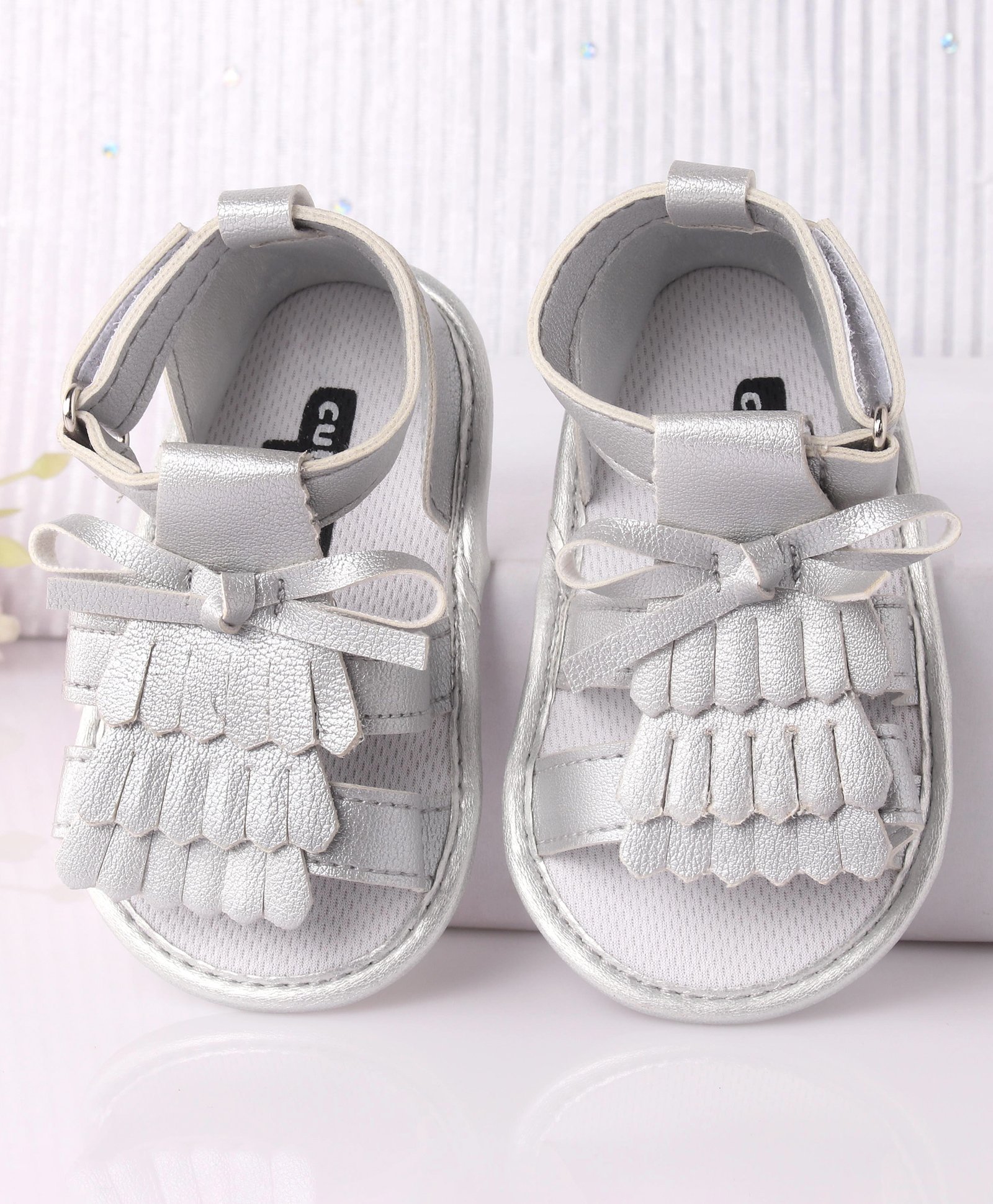 Cute Walk by Babyhug Sandal Style Booties with Bow Applique - Silver-image-32