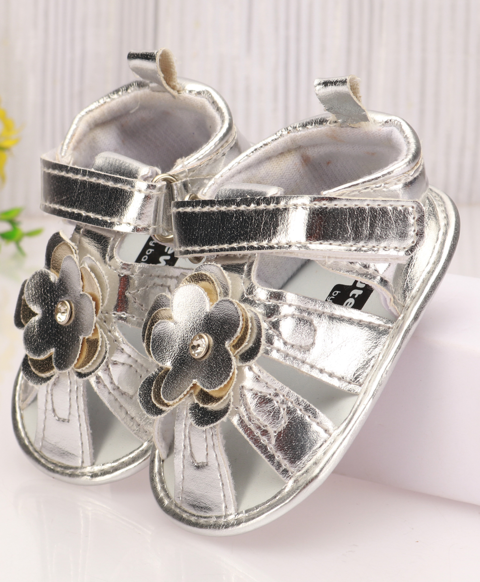 Cute Walk by Babyhug Velcro Closure Sandal Style Booties with Floral Applique - Silver-picture-16
