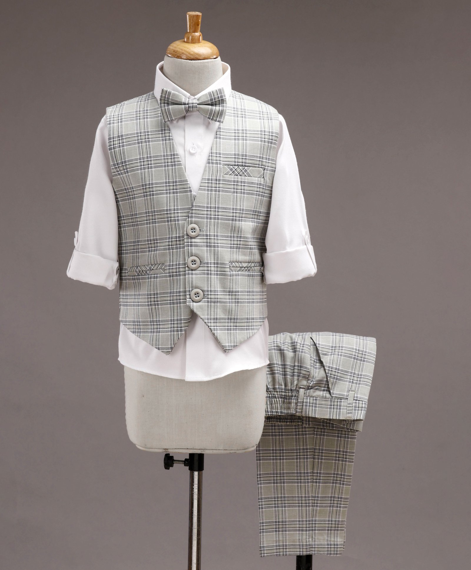 Robo Fry Full Sleeves 4 Piece Party Suit with Checkered Waistcoat - Pista Green-picture-30