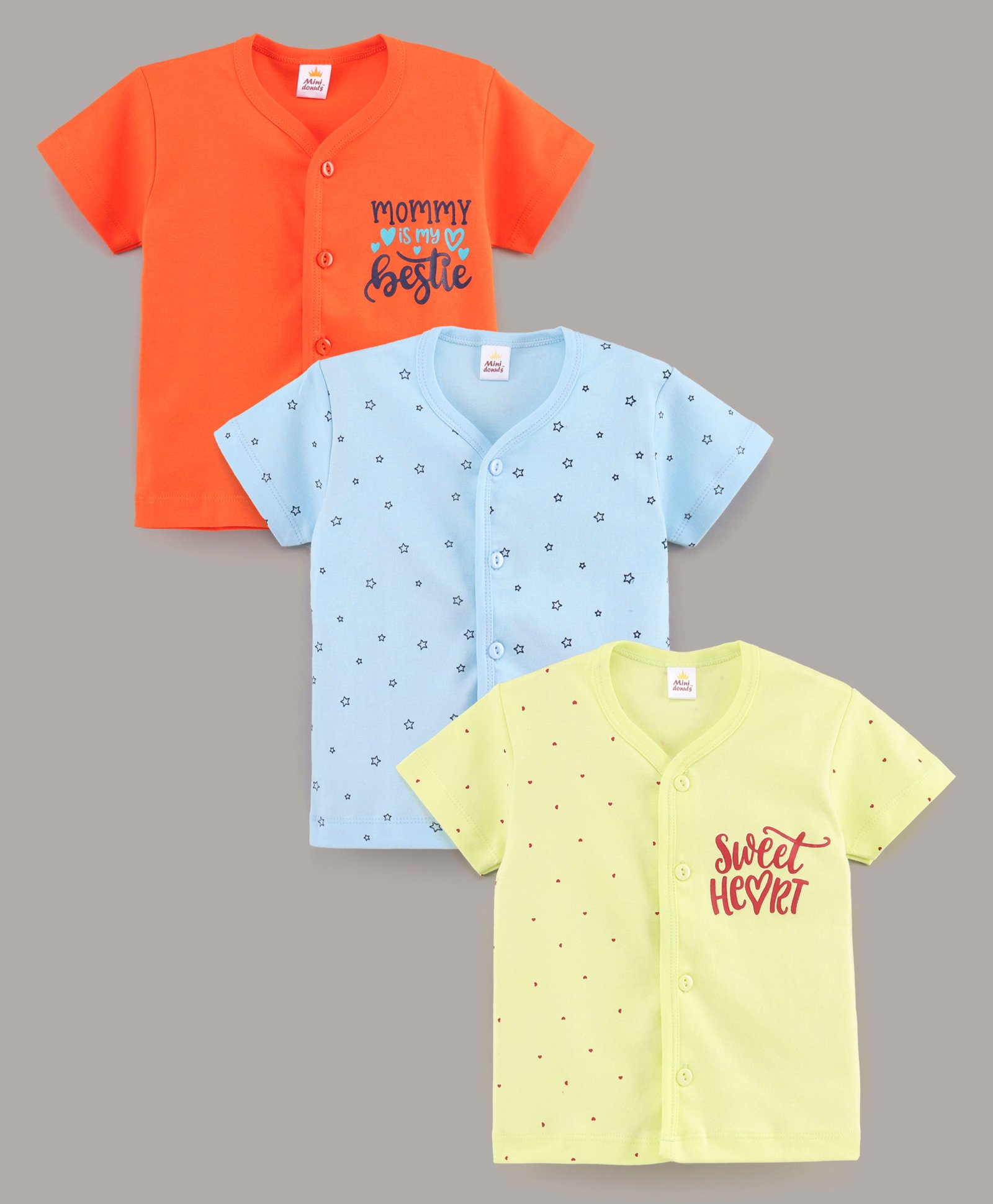 Mini Donuts Half Sleeves Vests Text & Star Print Pack of 3 - Green Orange Blue-image-23