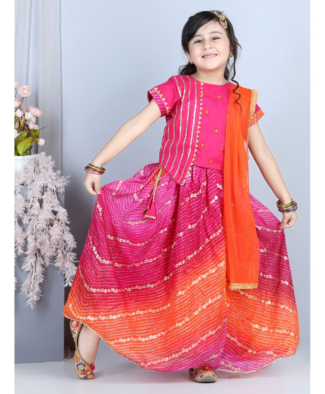 Kinder Kids Sleeveless Flower Embroidery Choli & Bandhani Print Lehenga With Dupatta - Pink & Orange-image-24