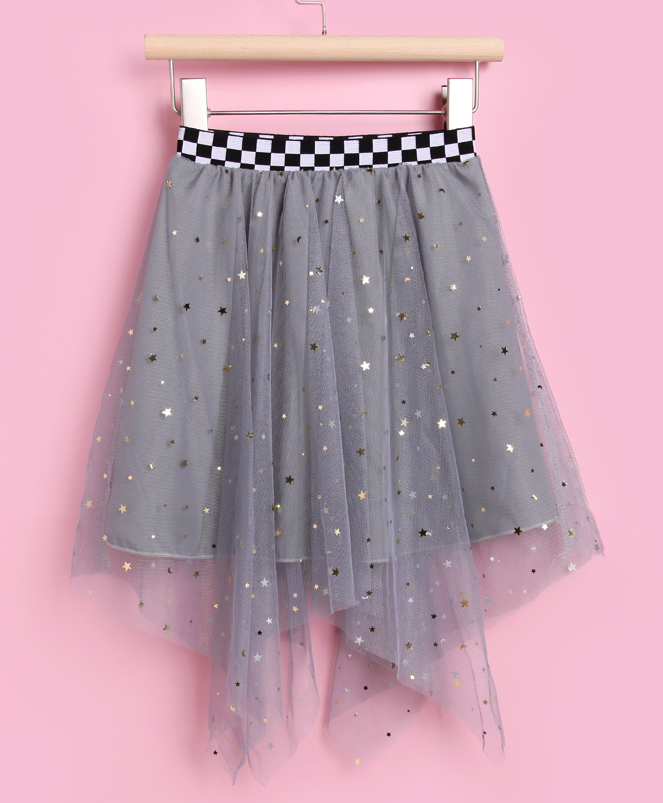 Kookie Kids Knee Length Skirt Netted Star Embellished - Grey-image-2