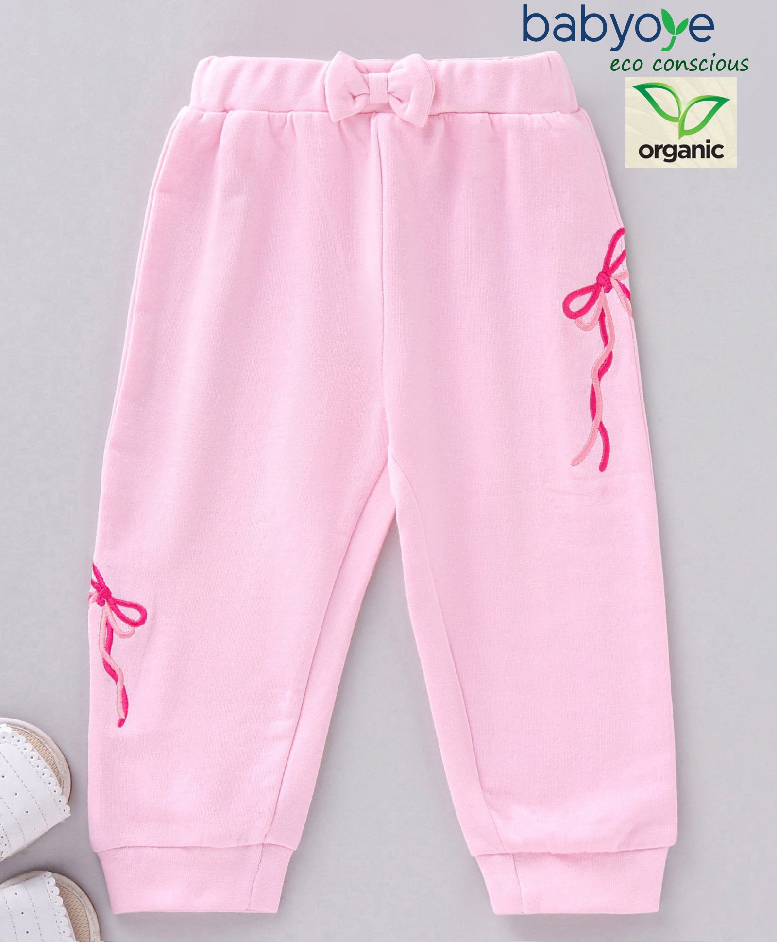 babyoye full length organic cotton embroidered lounge pant with bow applique - pink