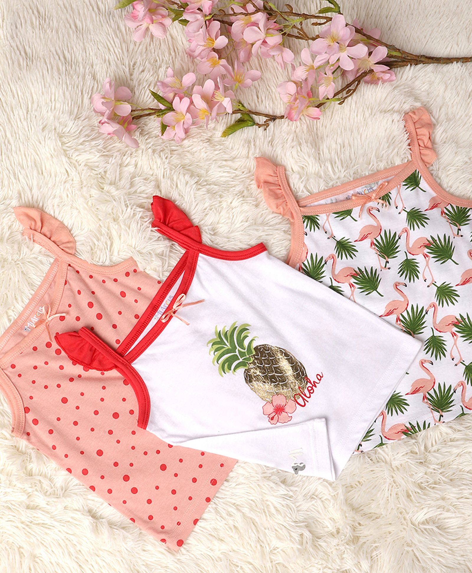 Mi Arcus Baby Girl Cotton Sleeveless Polka Dot & Flamingo Printed Tank Top Pack of 3 Peach & White-image-23