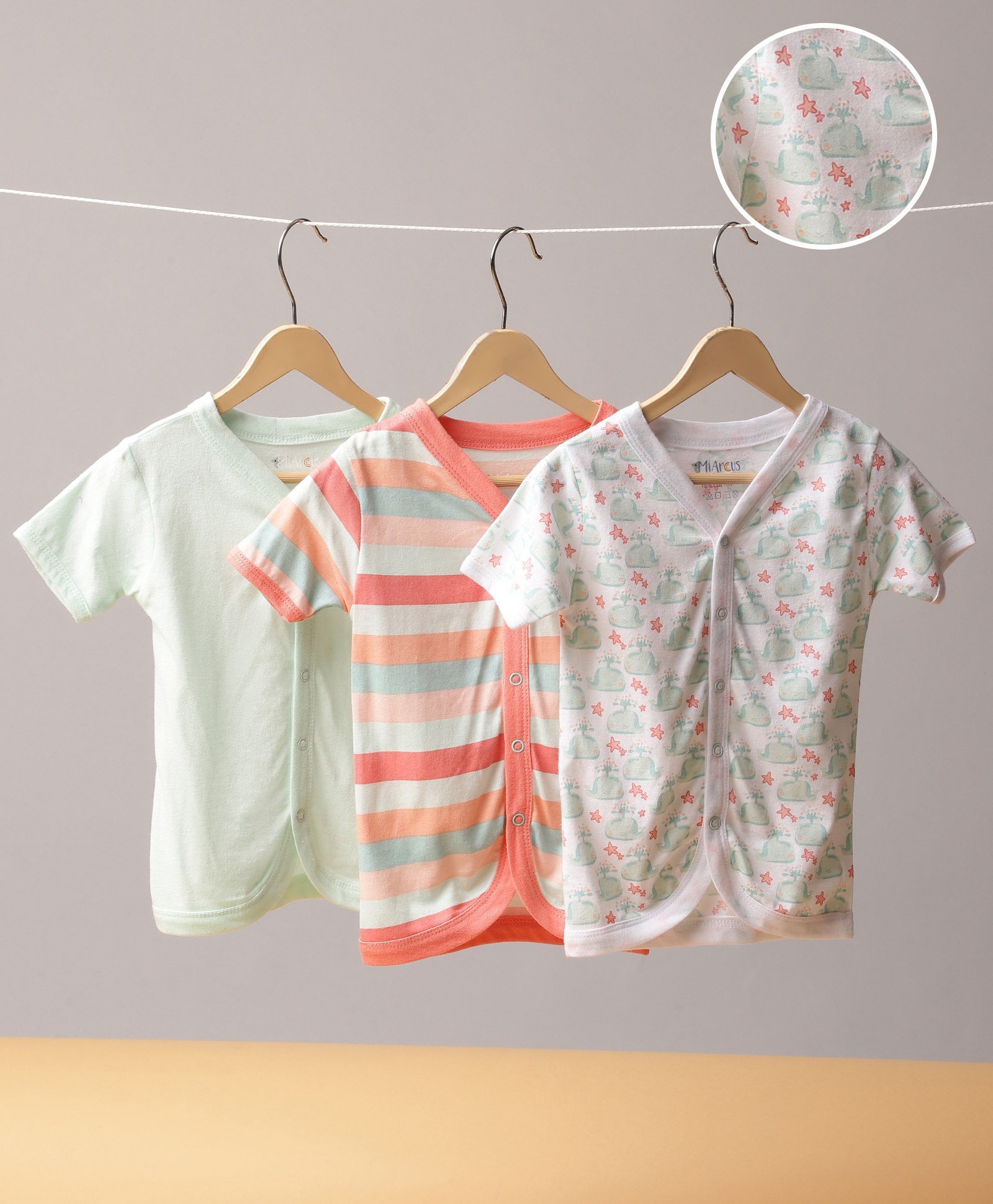 Mi Arcus  Cotton Half Sleeves Striped & Whale Printed Vest Pack of 3 Multi Colour-image-3