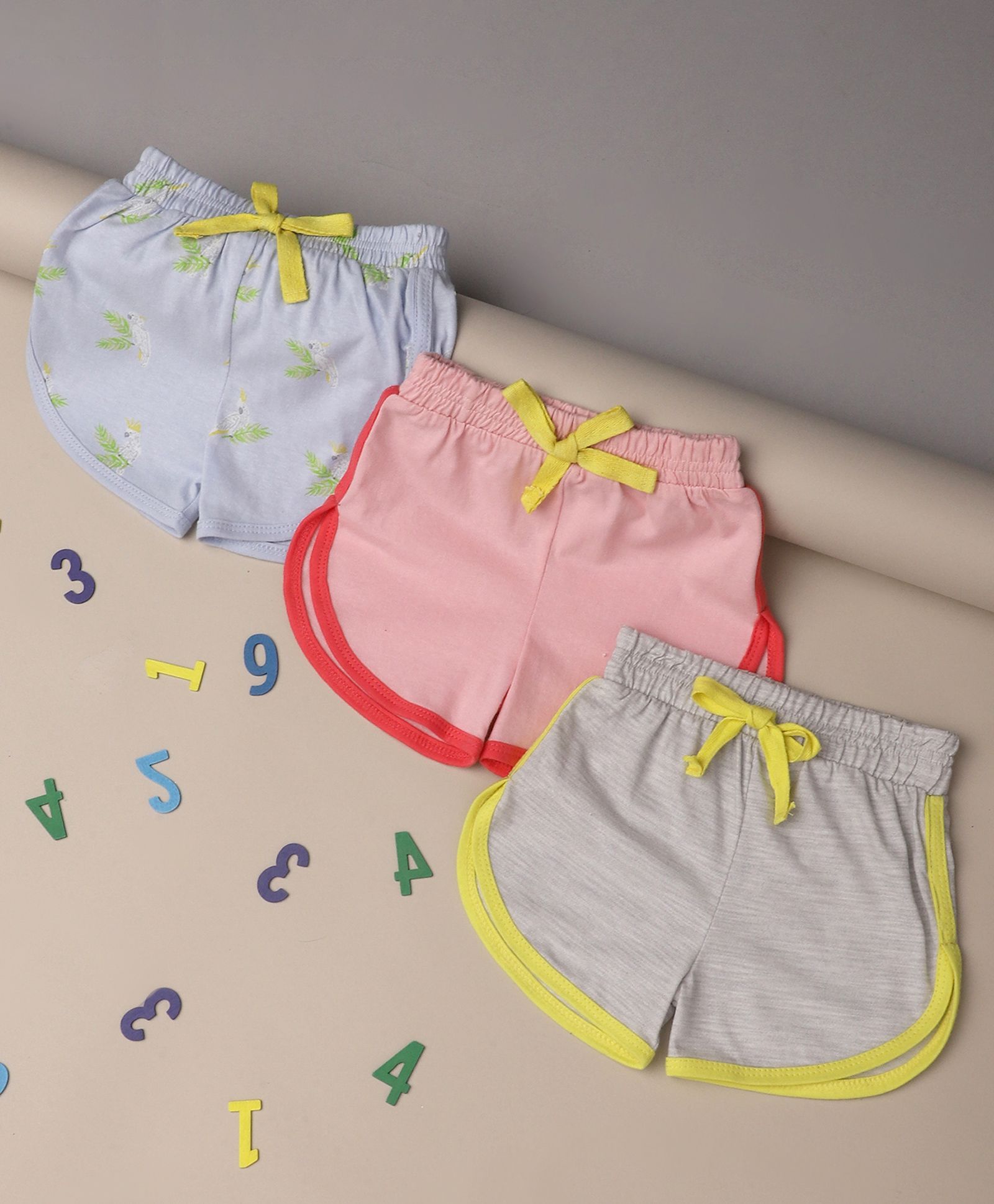Mi Arcus Baby Girl Cotton Solid & Leaves Printed Shorts Pack of 3 Multi Colour-picture-26