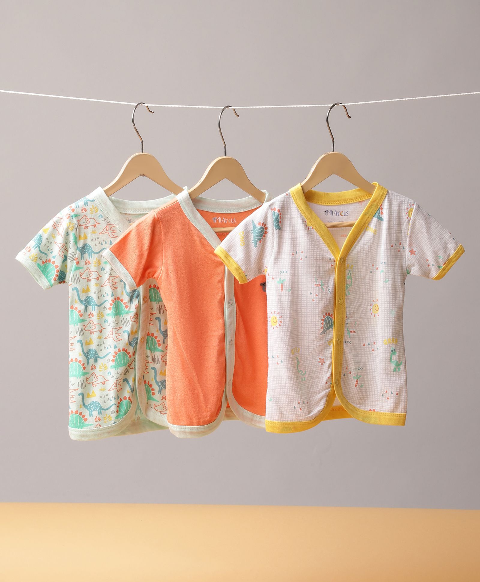 Mi Arcus  Cotton Half Sleeves Solid & Dino Print Vests Pack of 3 Off White & Orange-image-17