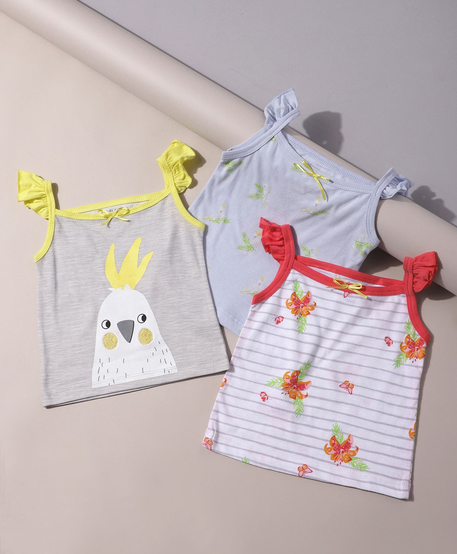 Mi Arcus Baby Girl Cotton Sleeveless Striped & Floral Print Tank Top Pack of 3 Grey-image-6