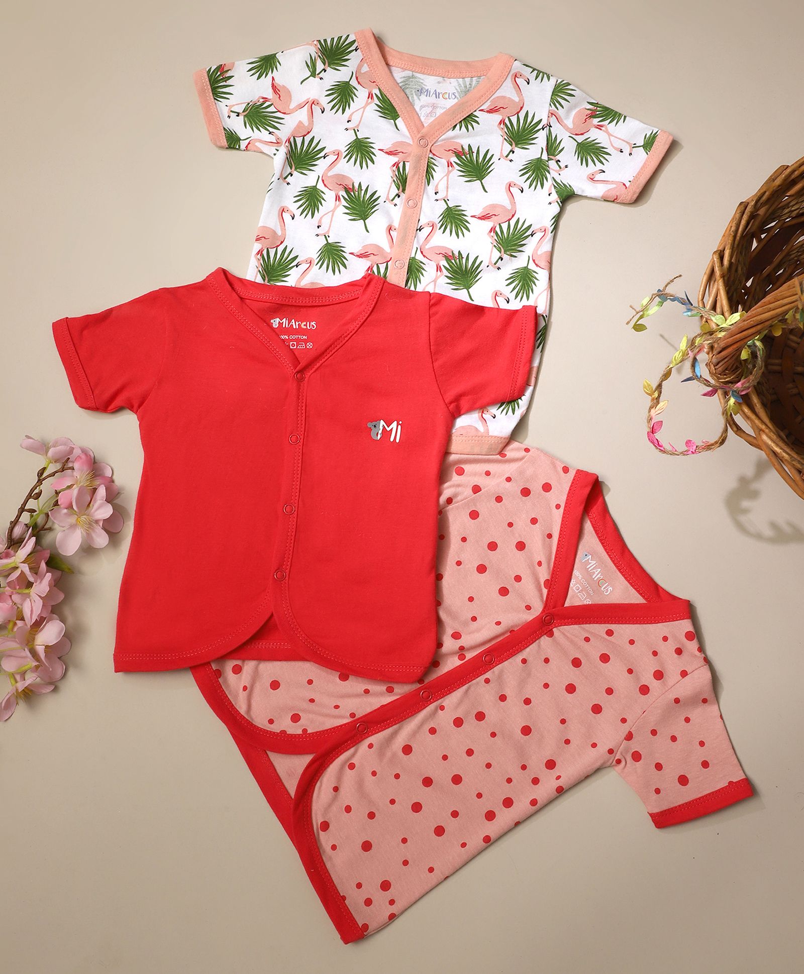 Mi Arcus Baby Girl Cotton Half Sleeves Polka Dot & Flamingo Printed Vest Pack of 3 Red & Peach-picture-42