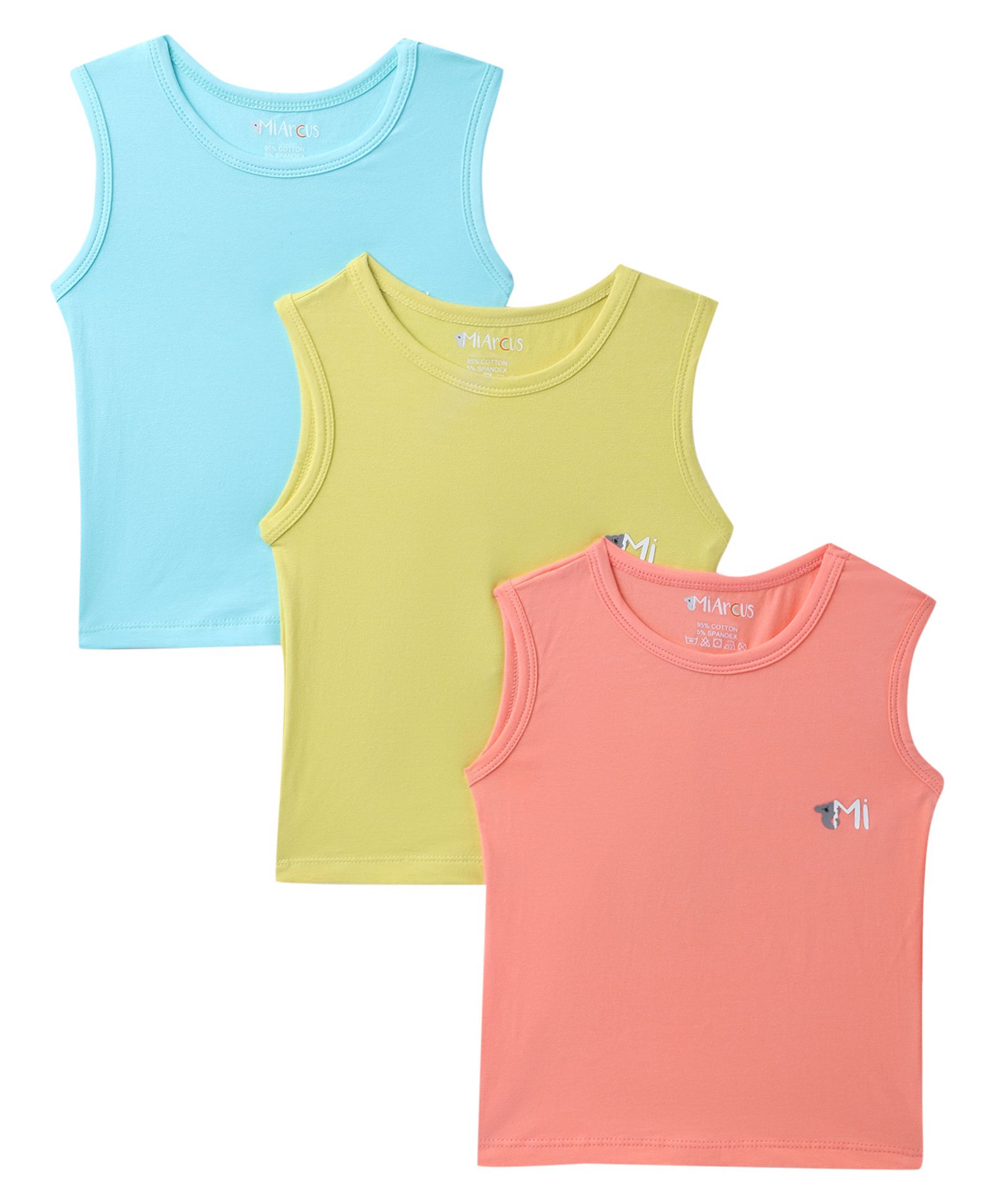 Mi Arcus  Cotton Sleeveless Solid Color Vests Pack of 3 Green Yellow & Peach-image-25