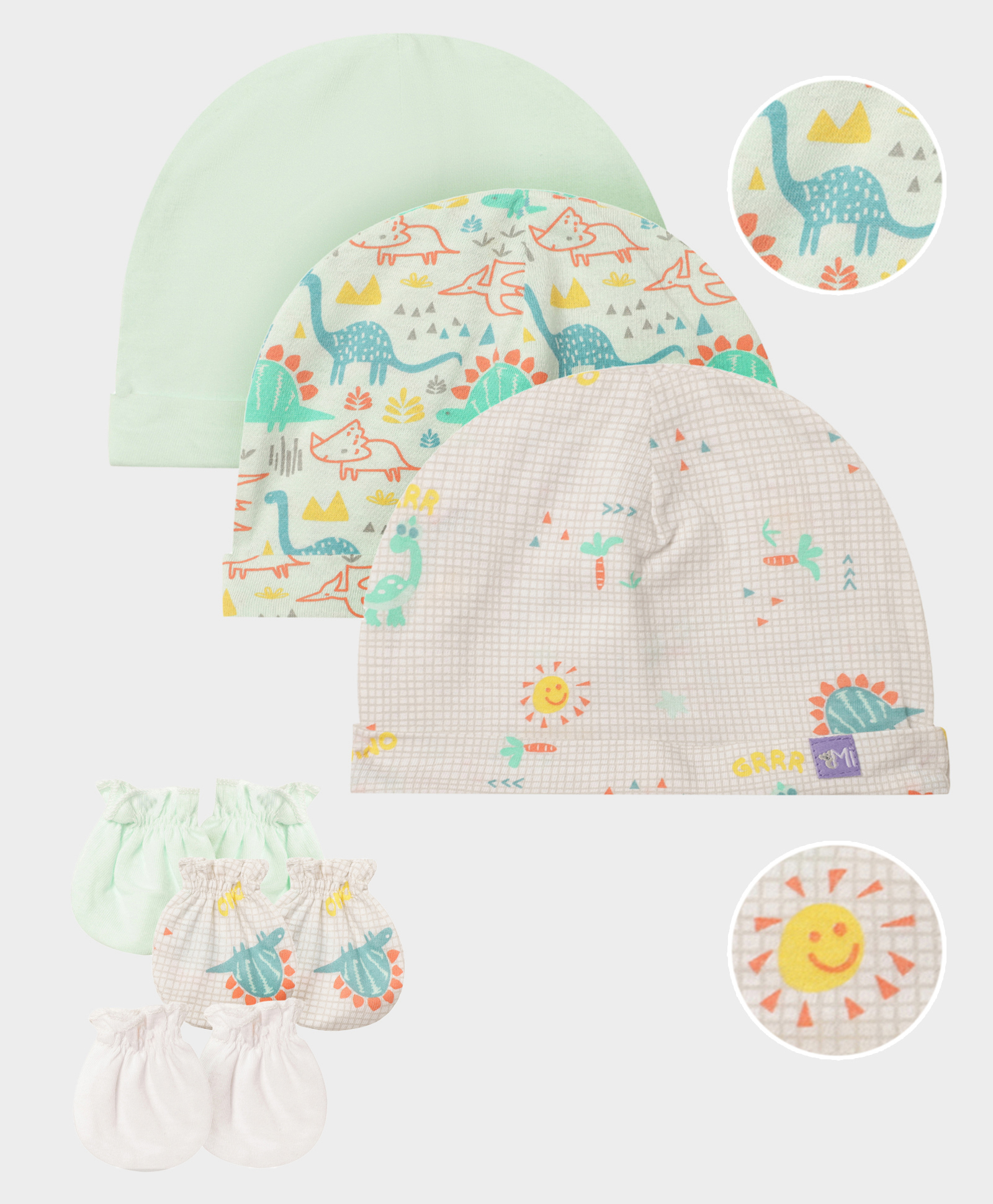 Mi Arcus  Cotton Dinosaur Printed Cap & Mitten Set Pack of 3 Multi Colour-image-33