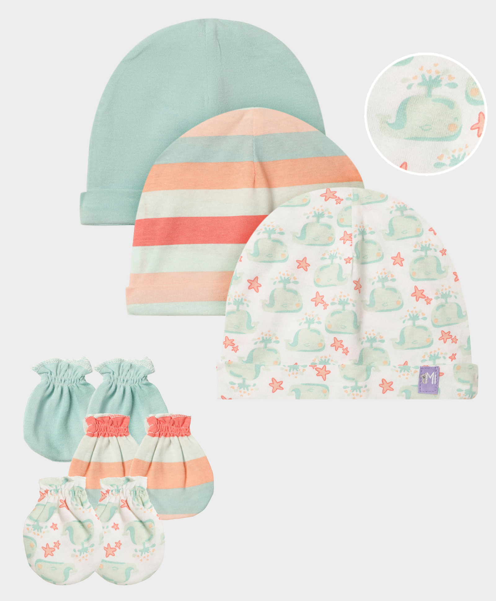 Mi Arcus  Cotton Striper & Whale Print Cap & Mitten Set Pack of 3 Blue & Peach-picture-36