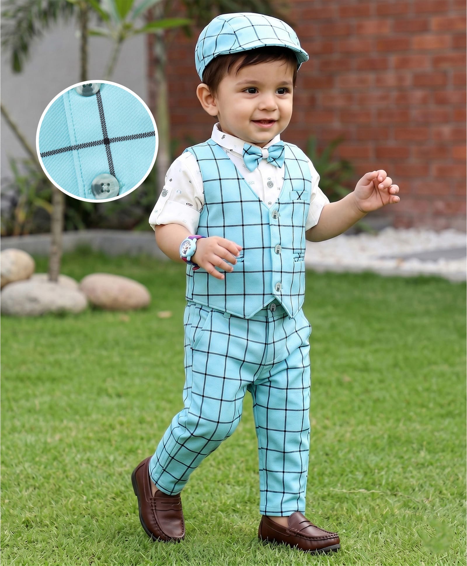 Robo Fry 3 Piece Full Sleeves Checked Party Suit With Bow & Cap - Blue-image-38