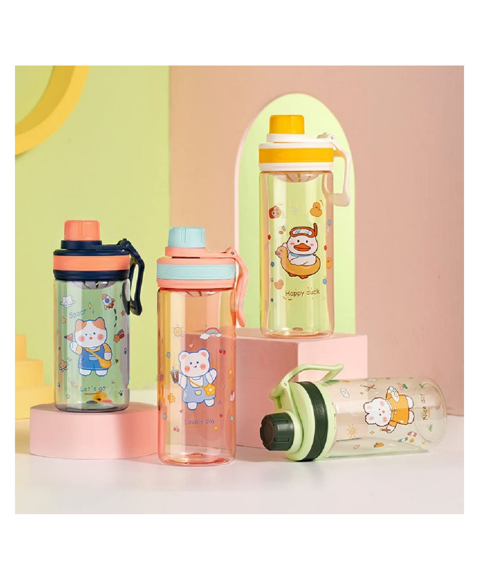 YAMAMA Cartoon Print Water Bottle - 550 ml (Colour May Vary)-image-46