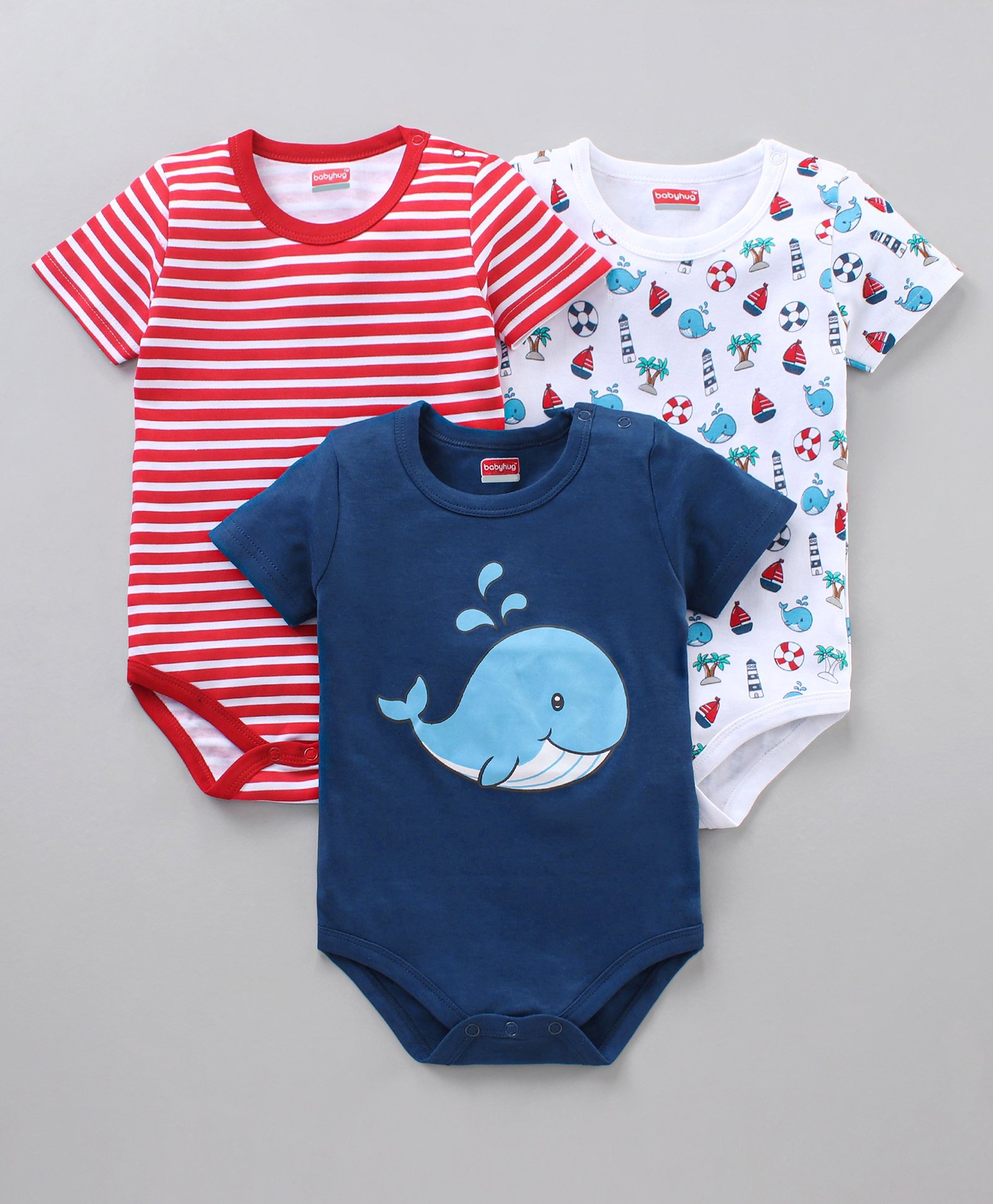 Babyhug 100% Cotton Onesies Whale Print Pack of 3 - Red Blue White-image-29