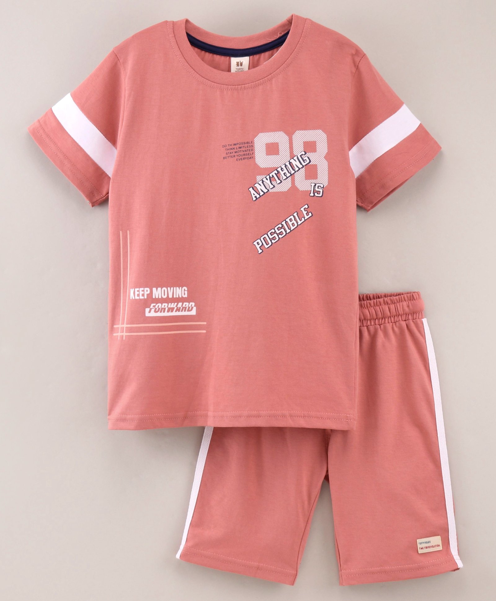 ToffyHouse Half Sleeves T-Shirt & Shorts Set Anything Is Possible Print - Peach-picture-13