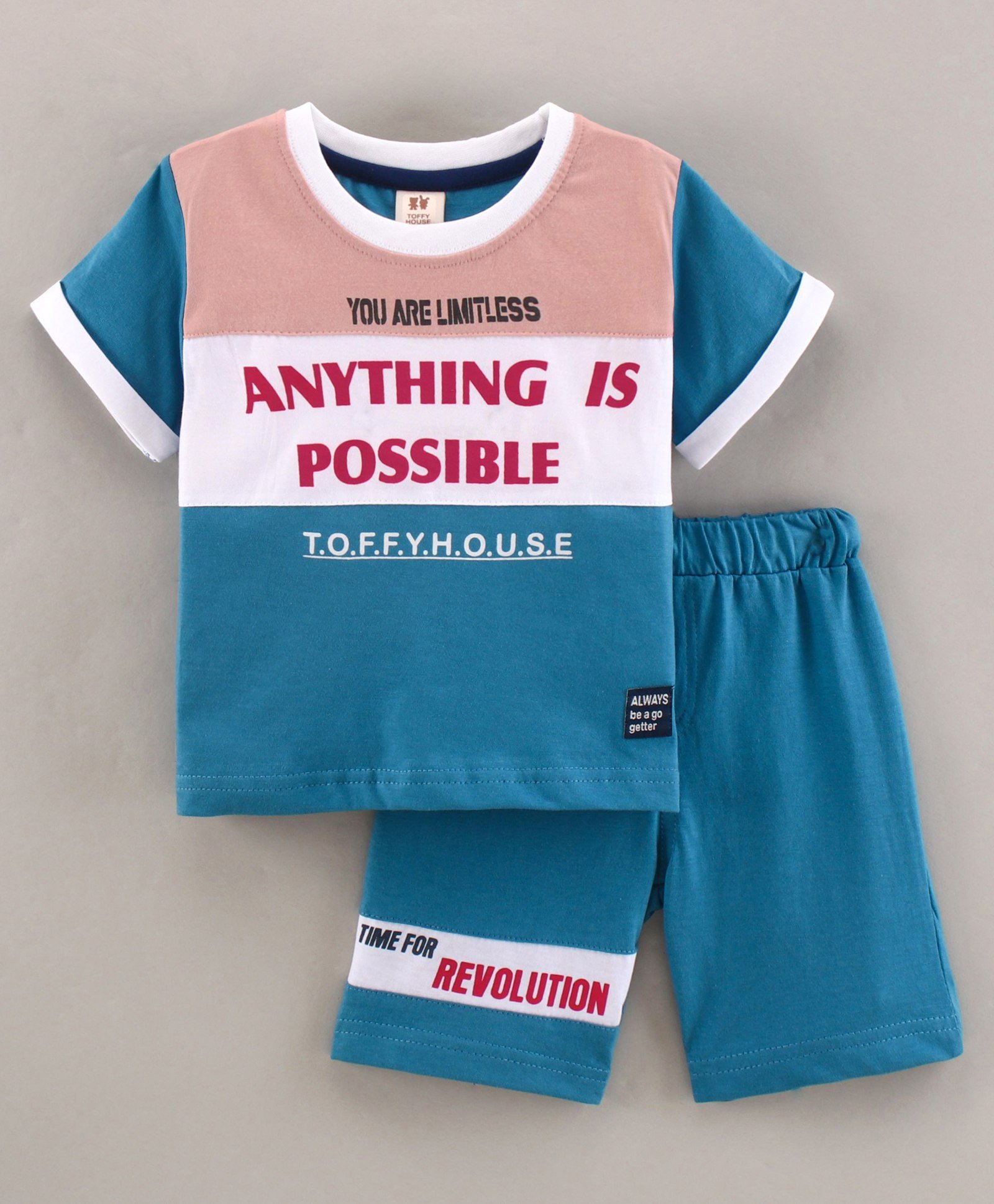 ToffyHouse Half Sleeves T-Shirt & Shorts Set Anything Is Possible Print - Blue-picture-13