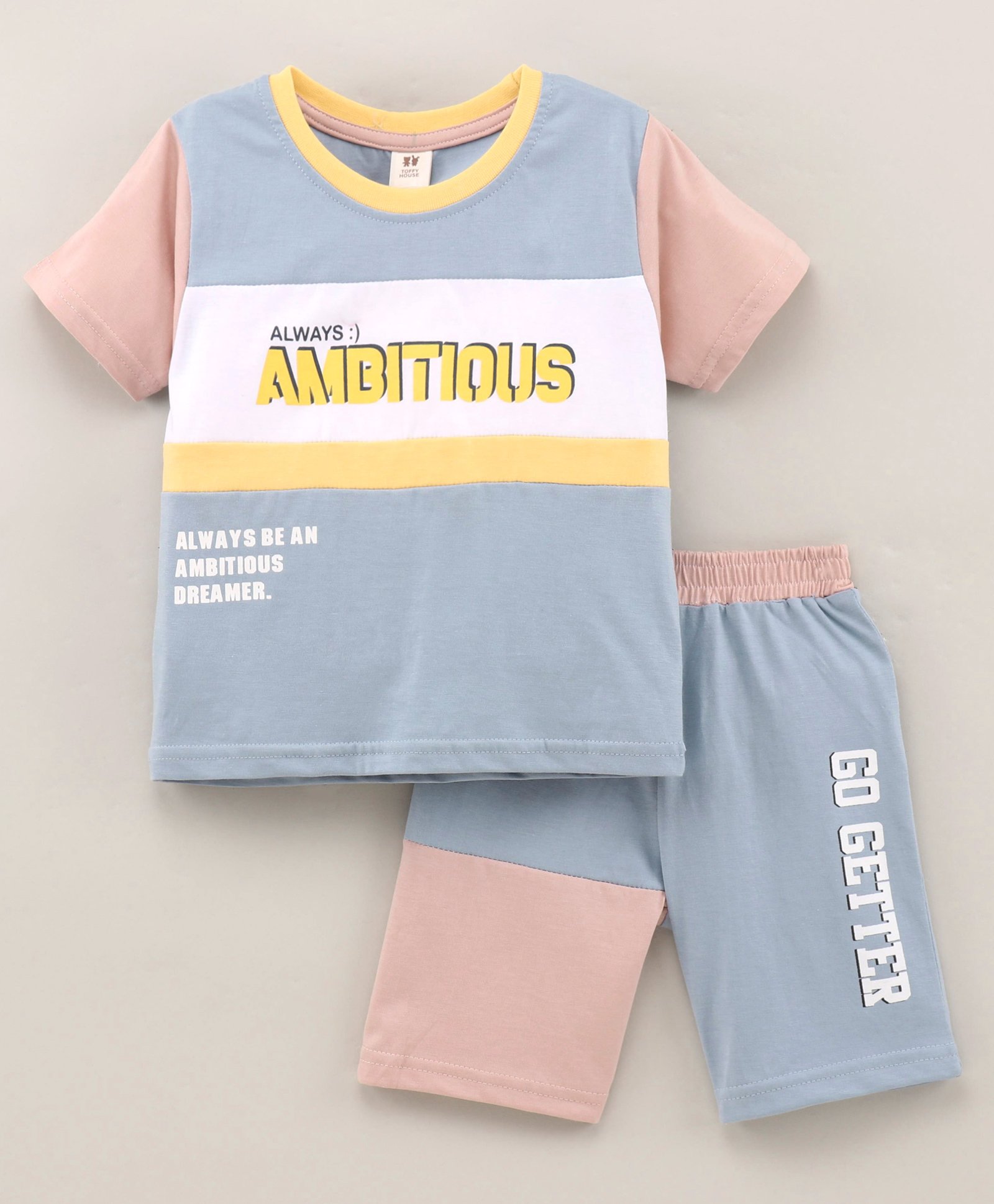 ToffyHouse Half Sleeves T-Shirt & Shorts Set Text Print- Blue Peach(Neck Color May Vary-picture-20