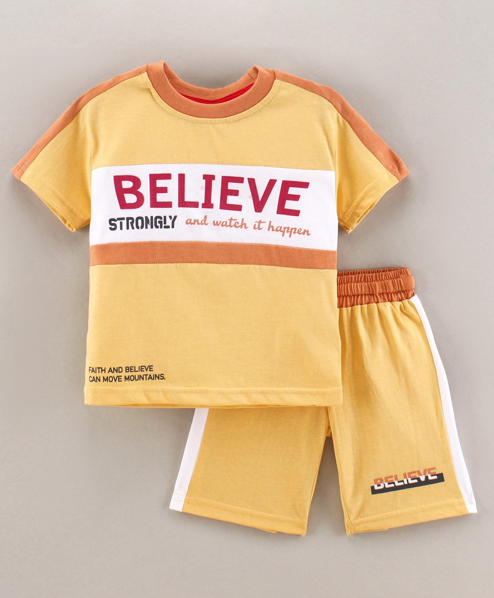 ToffyHouse Half Sleeves T-Shirt & Shorts Set Believe Strongly & Watch It Happen Print - Yellow-image-21
