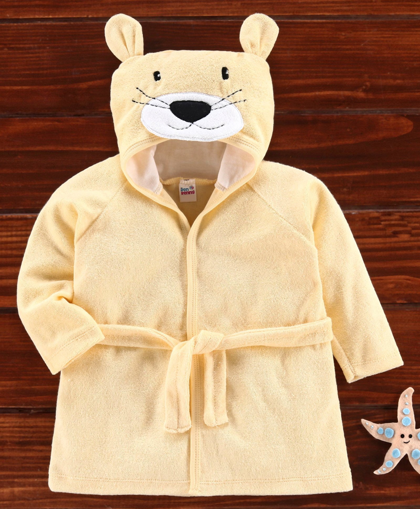Ben Benny Full Sleeves Animal Patched Hooded Bath Robe - Cream-image-38