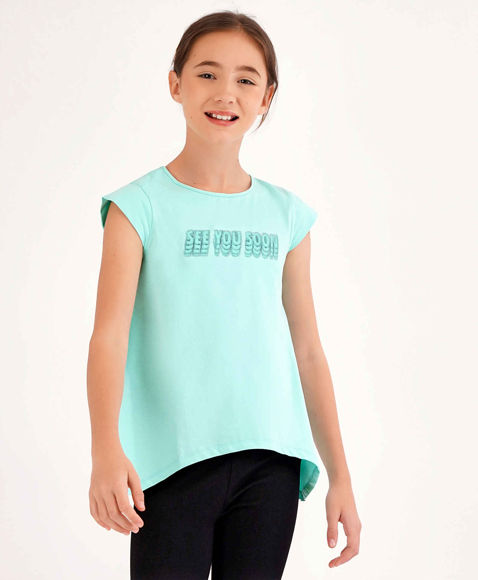 Primo Gino Half Sleeves Asymmetric Top With See You Seen Text In Gel Print - Green-picture-14