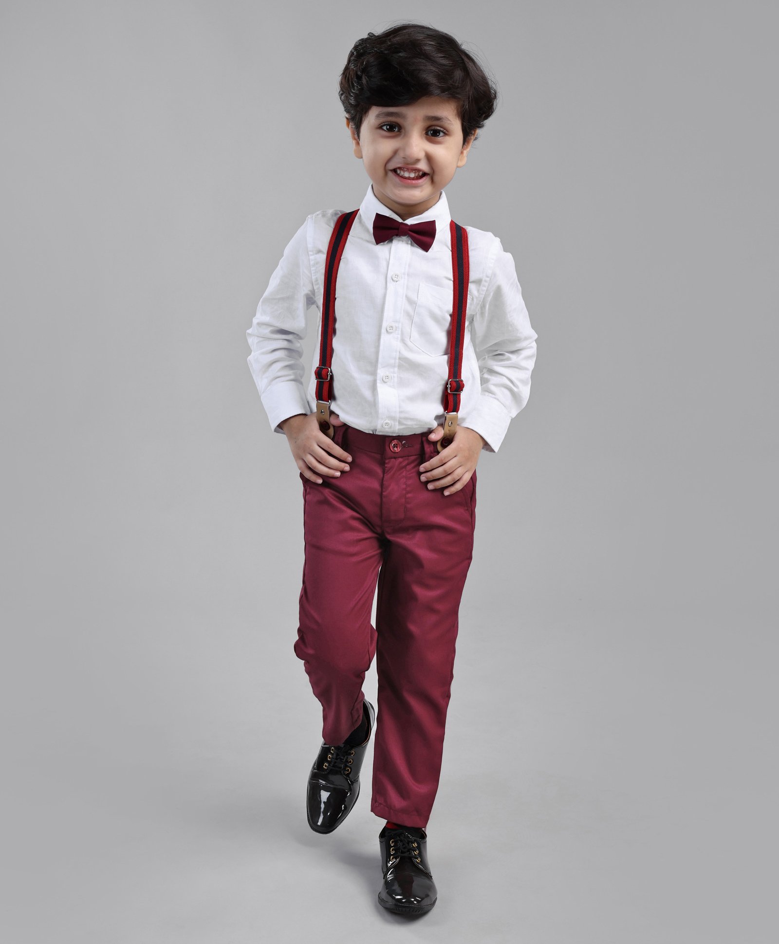 Babyhug Full Sleeves Shirt & Trouser Set with Suspenders & Bow - Red White-image-20