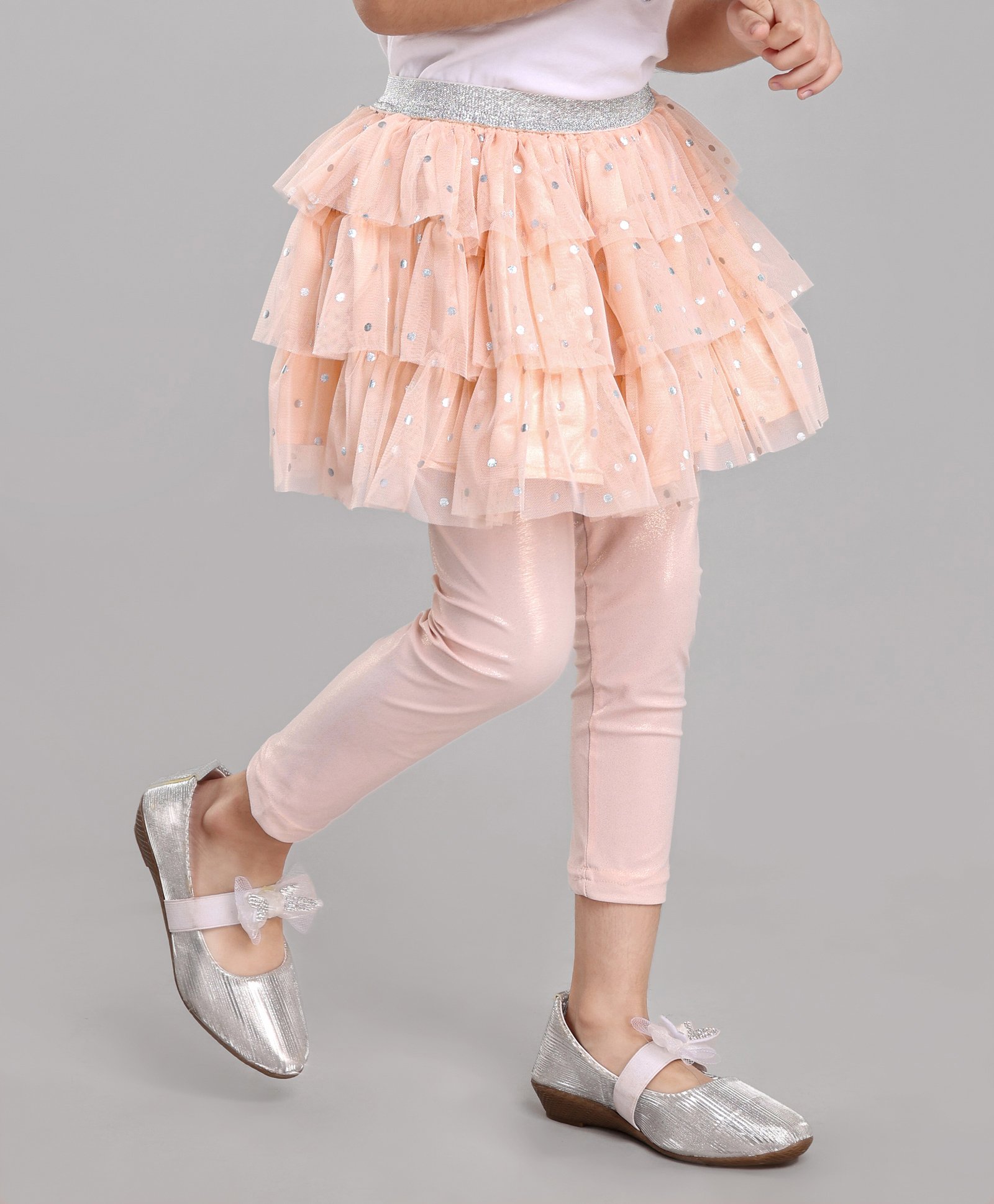 Babyhug Knee Length Flared Skirt With Leggings Glitter Print - Peach-image-46