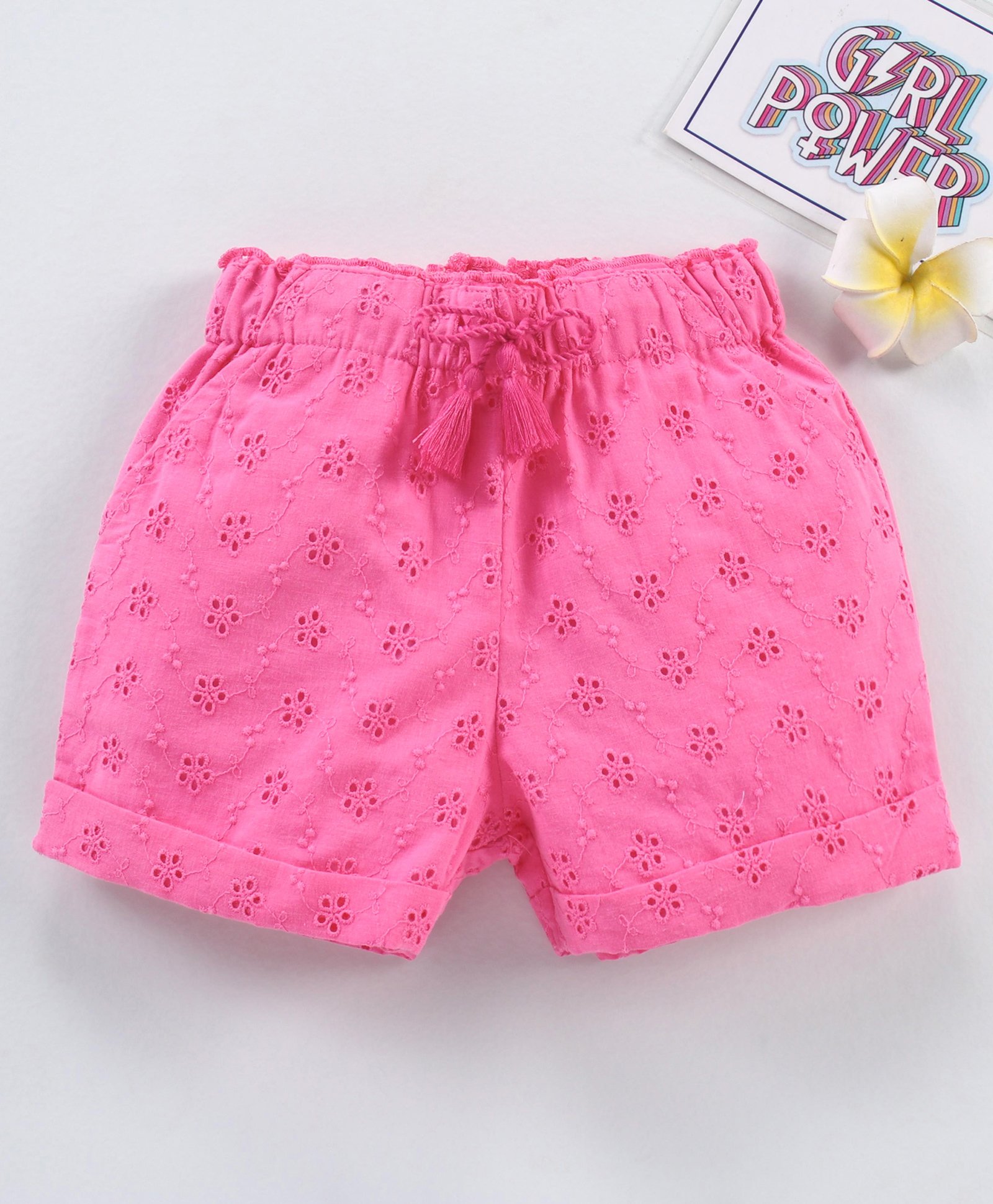 Babyhug Cotton Woven Mid Thigh Shorts Schiflli Design - Pink-image-11