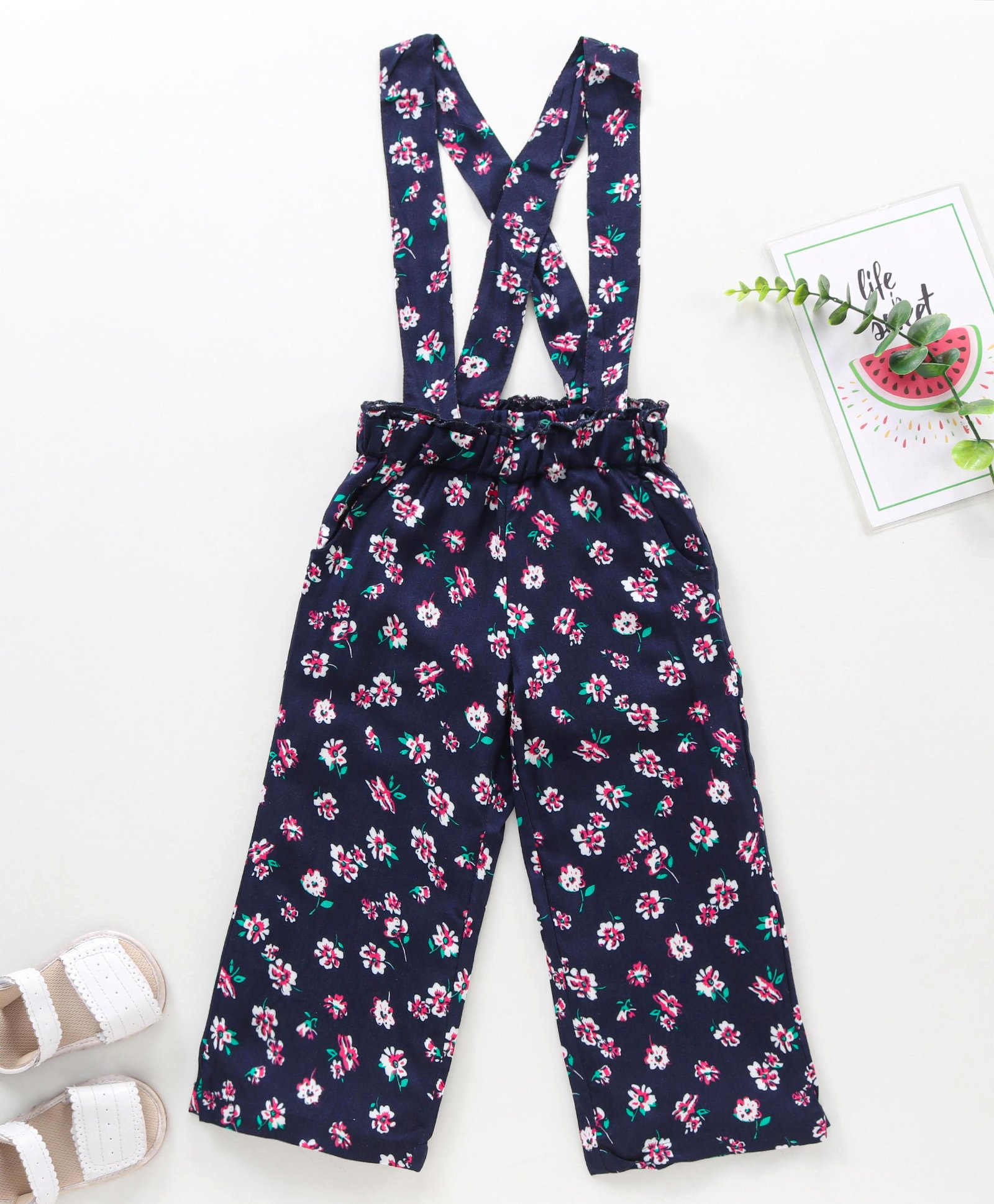 Babyhug Full Length Pant With Suspender Floral Print - Blue-picture-11