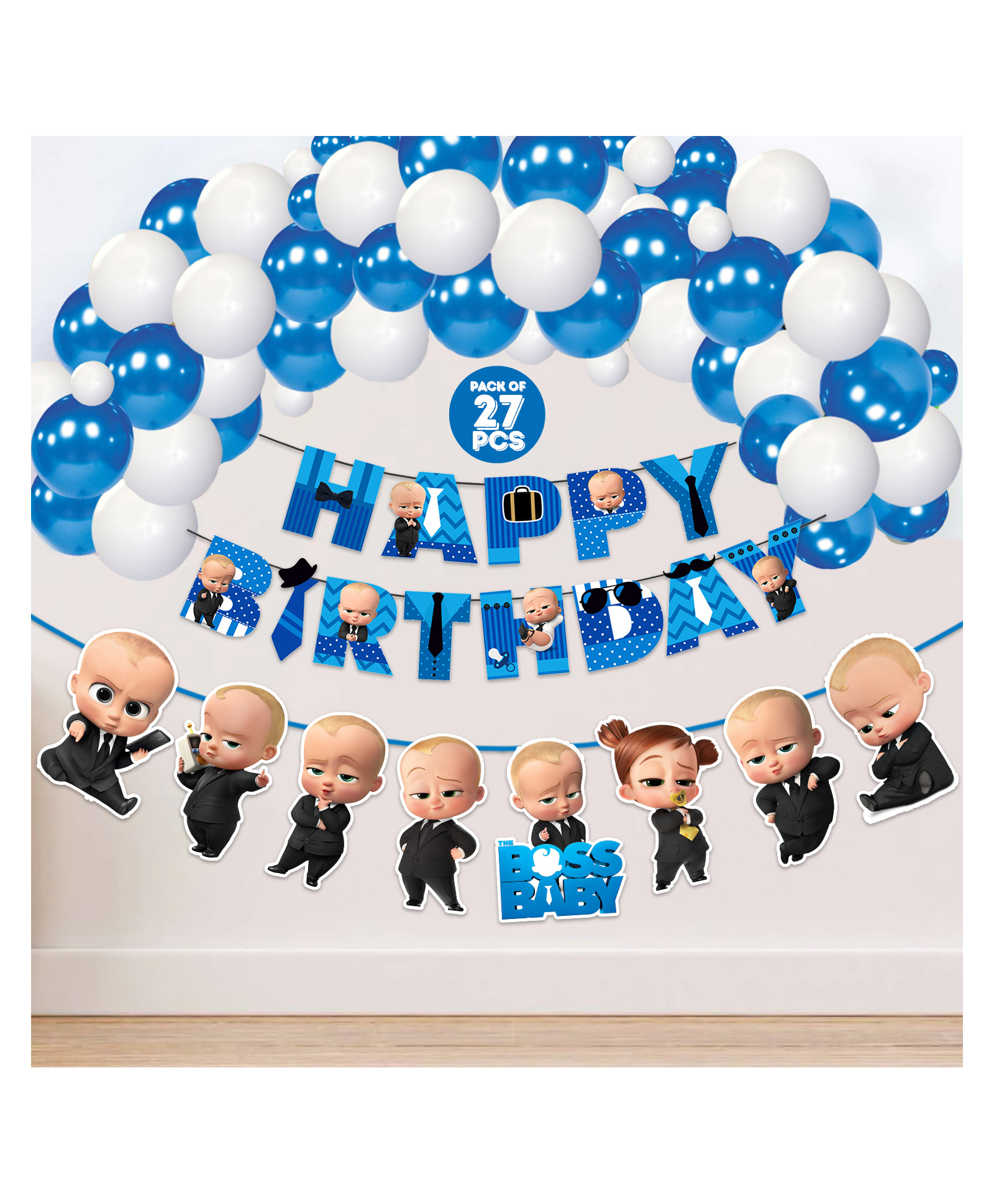 Zyozi Boss Baby Happy Birthday With Character Bunting Banner & Balloon Set Blue White - Pack of 27-picture-24