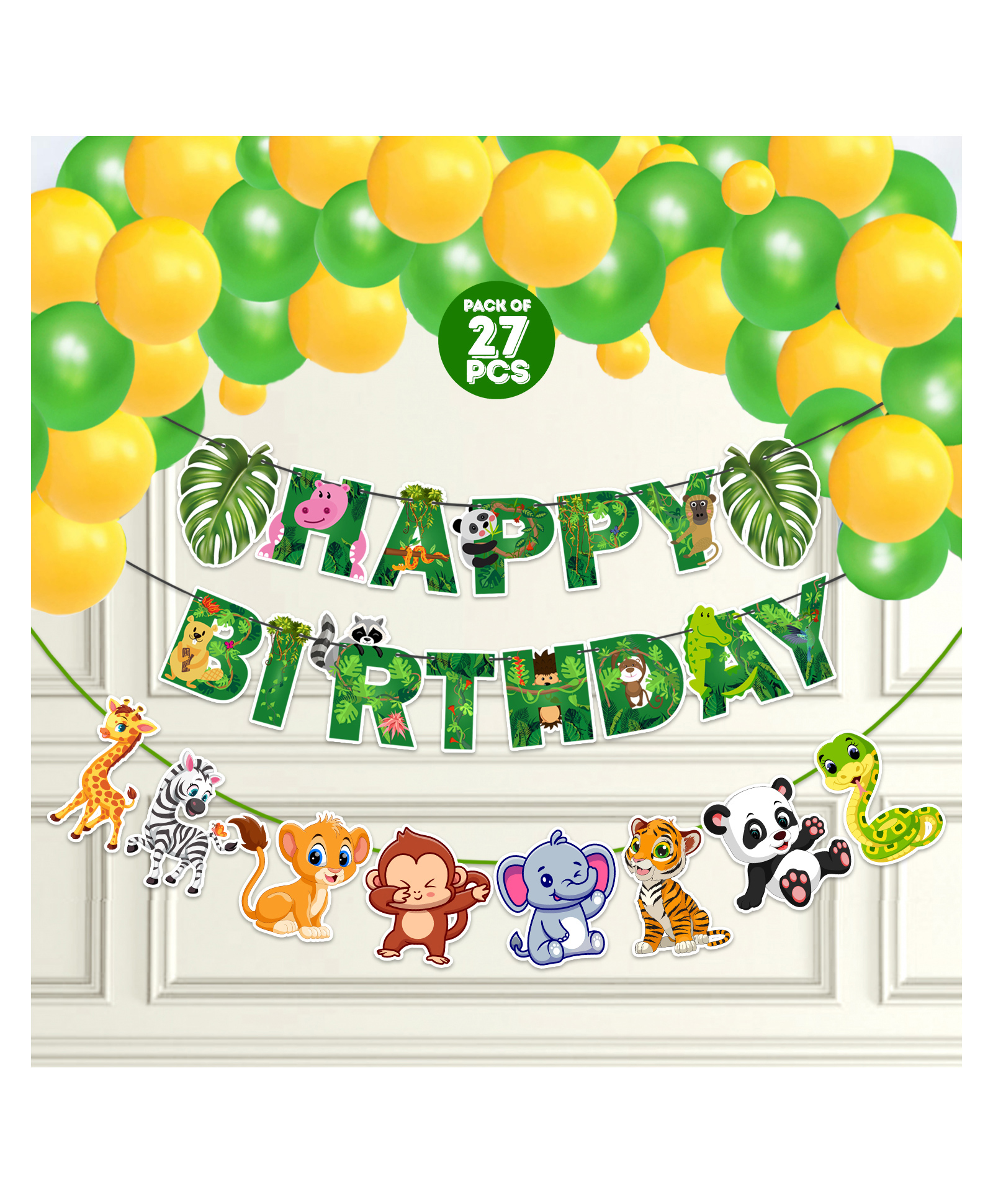 Zyozi Jungle Safari Happy Birthday Decoration Kit Green Yellow - Pack of 27-image-36
