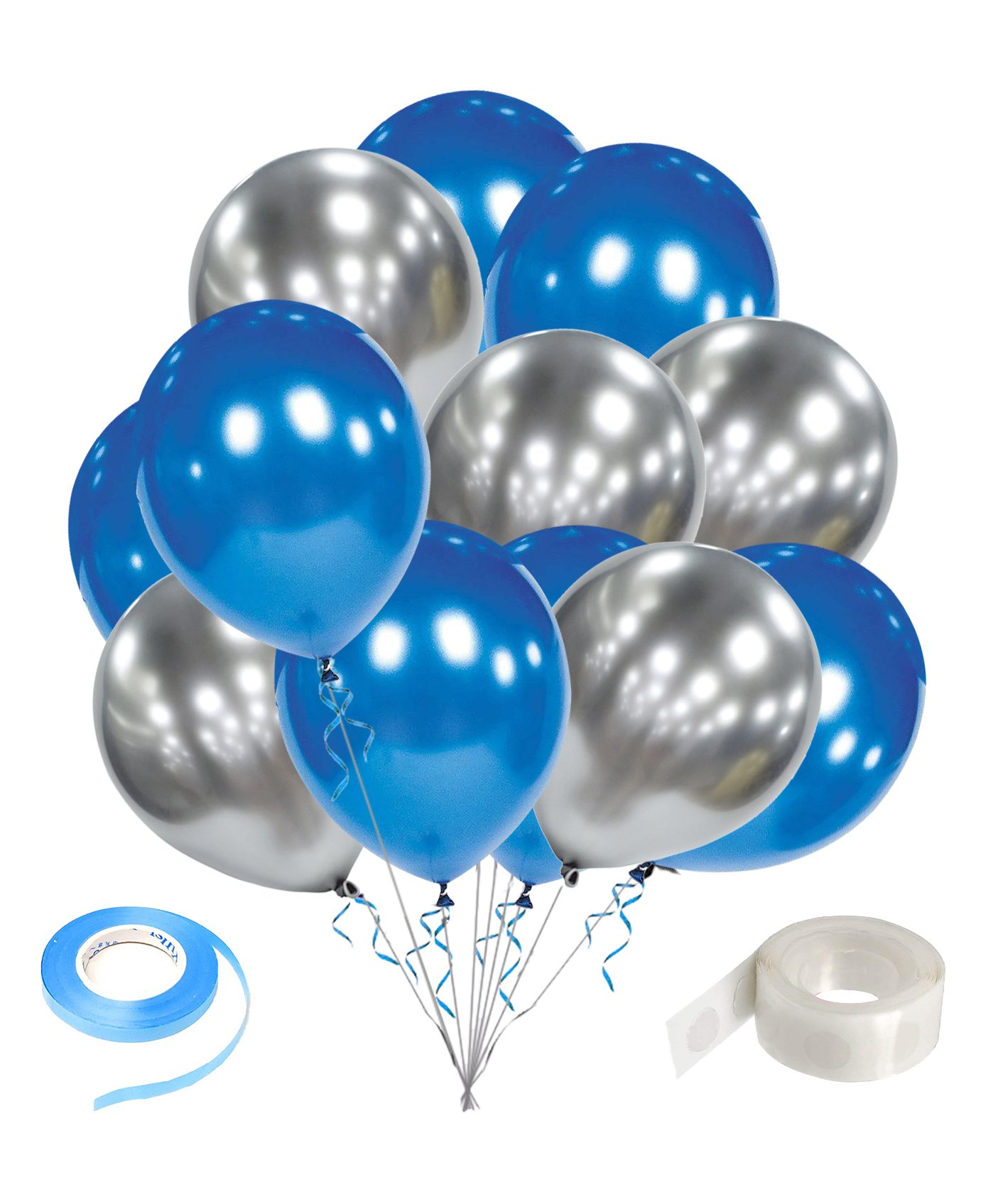 Zyozi 10nch Blue and Metallic Silver Birthday Party Balloons with Ribbon and Glue Dot - Pack of 27-picture-16