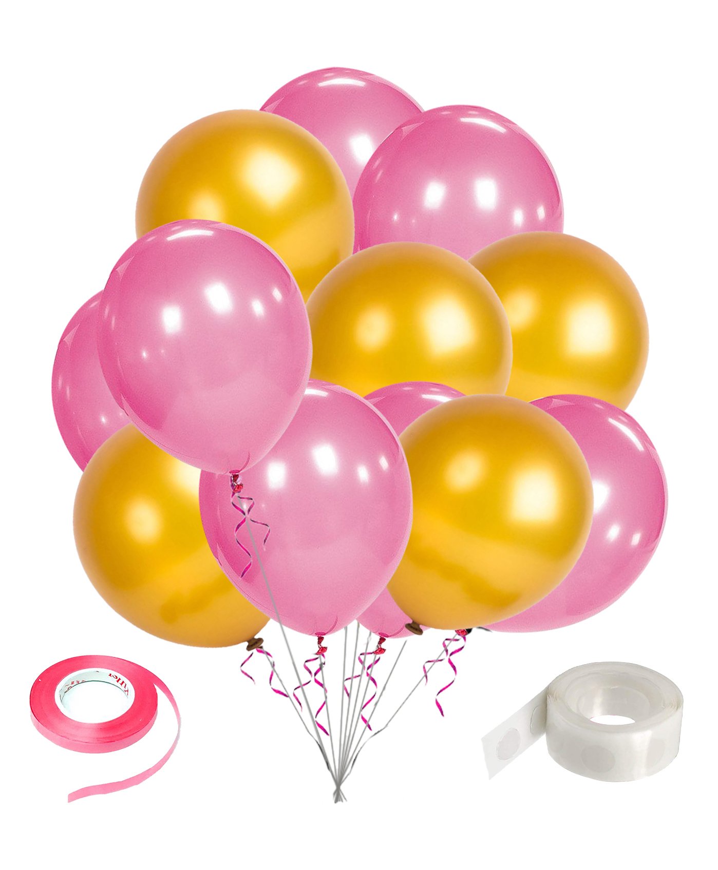 Zyozi Pink Gold Metallic Balloons With Glue Dot & Ribbon - Pack of 27-image-49