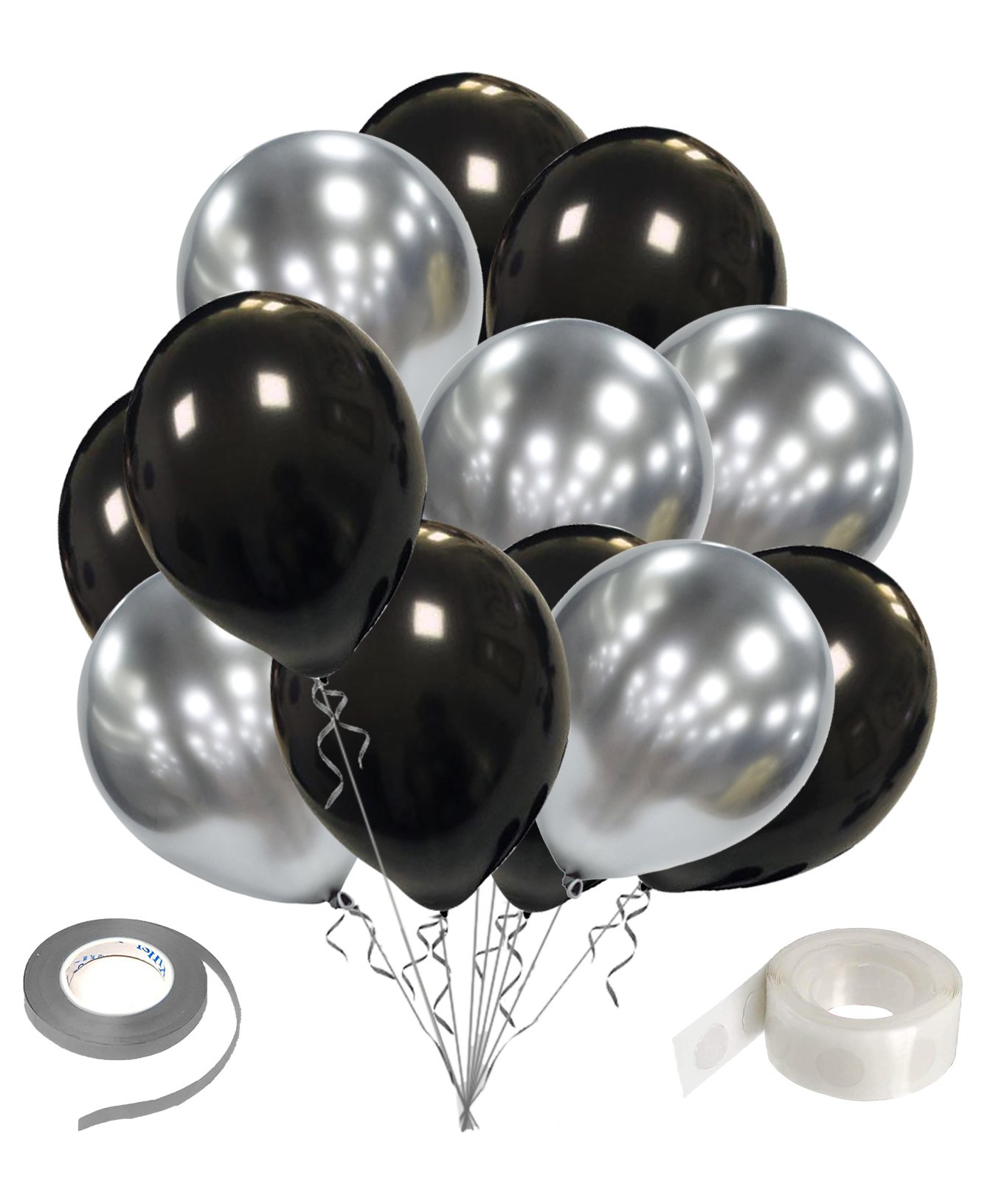 Zyozi 10 inch Black & Silver Metallic Balloons With Ribbon & Glue Dot - Pack of 27-image-27