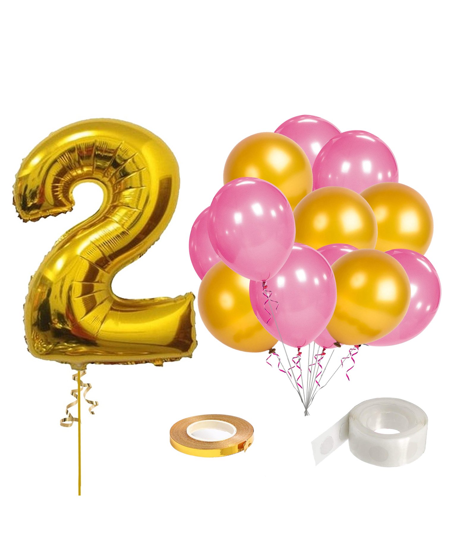 Zyozi 16 inch Number 2 Foil Balloons With Ribbon & Glue Dot Birthday Decoration - Pack of 28-image-38