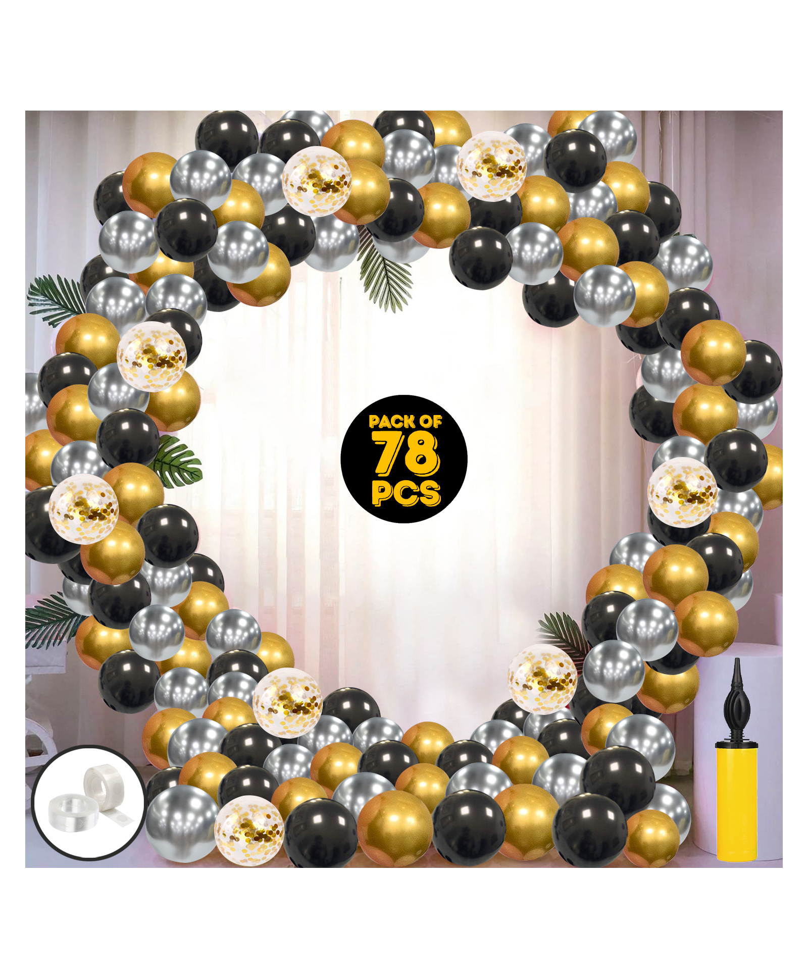 Zyozi Black Gold And Silver Balloon With Gold Confetti Balloon Garland Arch Kit 78 Pieces Online In India Buy At Best Price From Firstcry Com