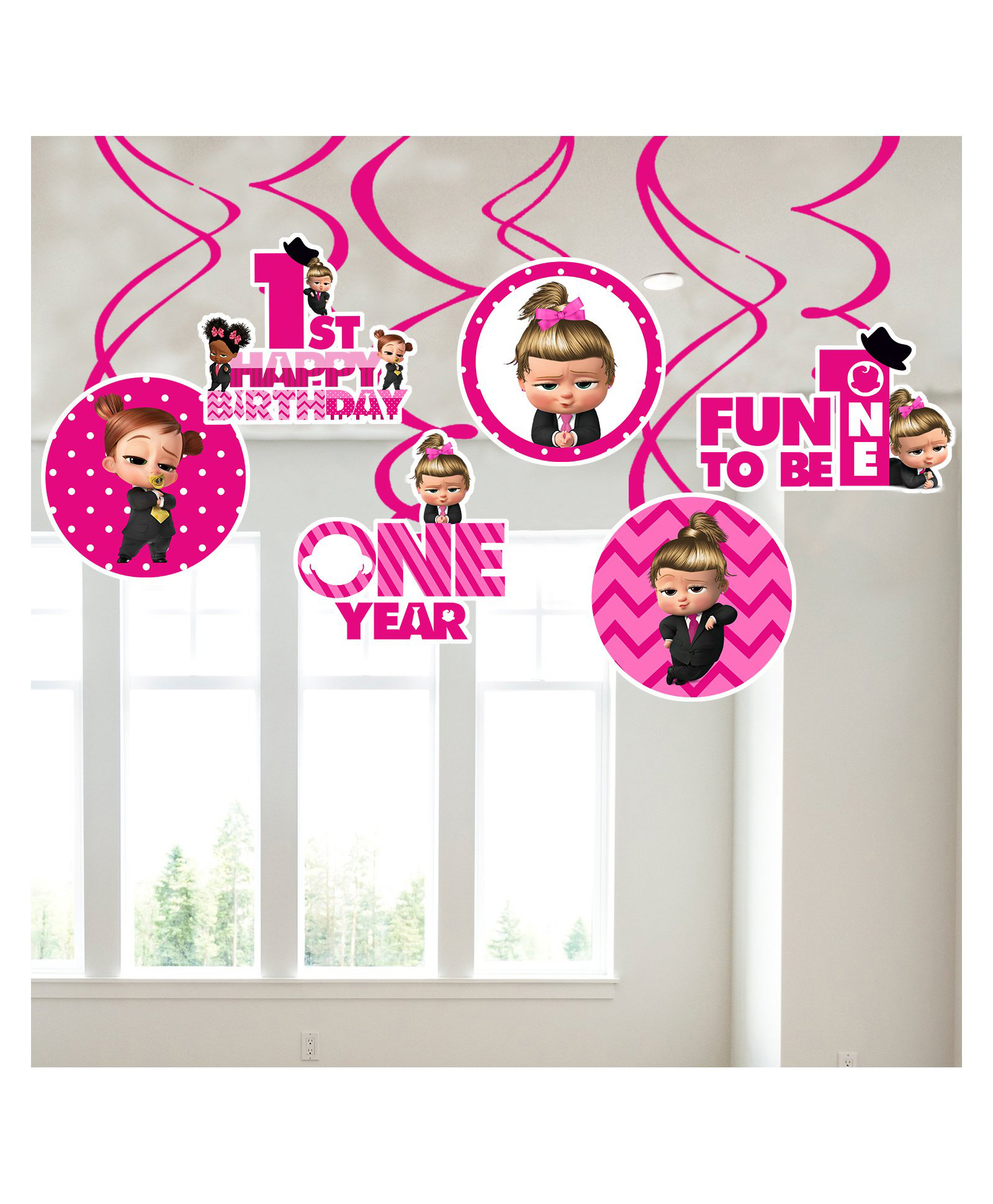 Zyozi Hanging Swirls Ceiling Decorations 1st Birthday Theme Pink - Pack of 6-image-25