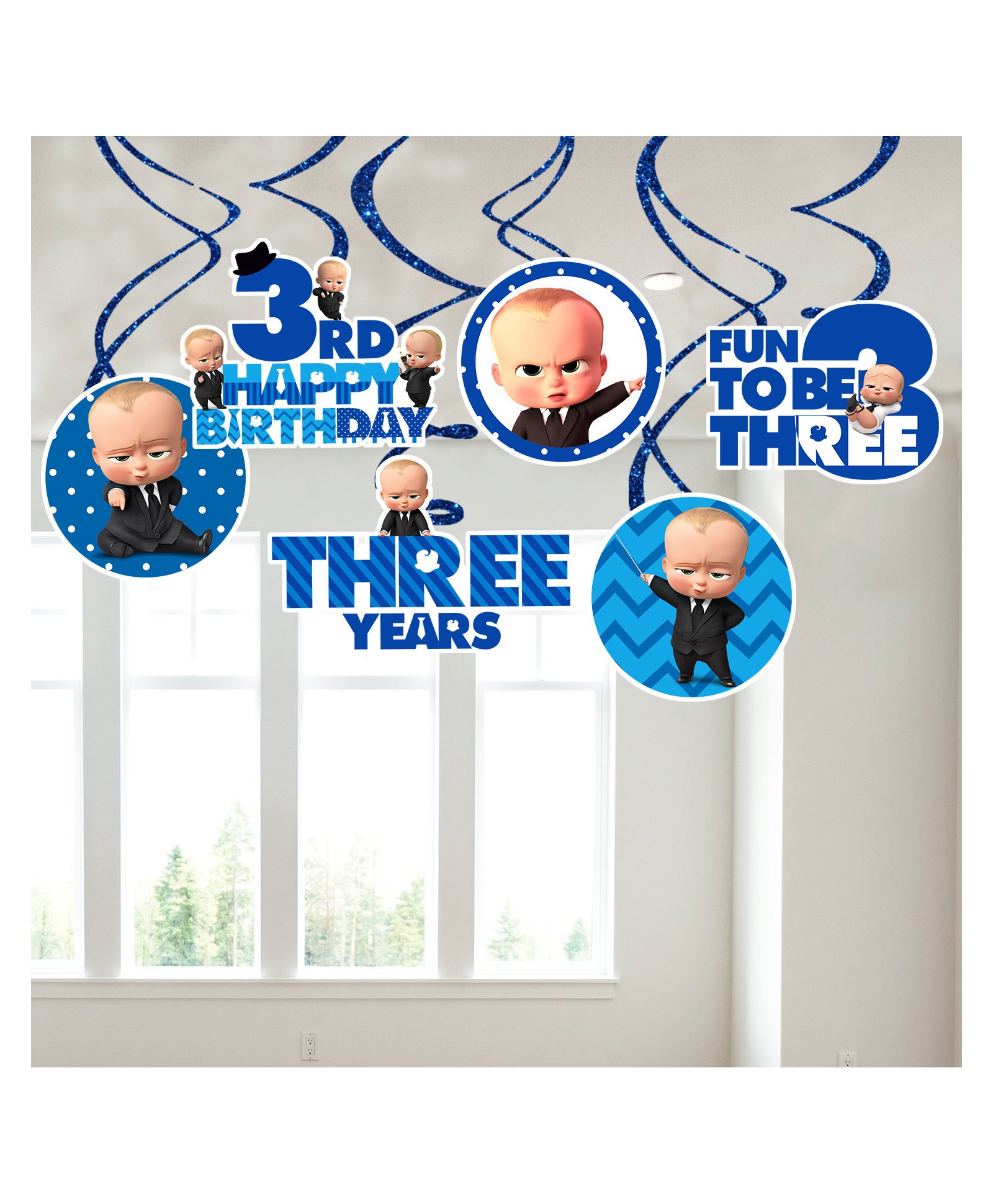 Zyozi Hanging Swirls Ceiling Decorations for 3rd Birthday Theme Blue - Pack of 6-picture-39