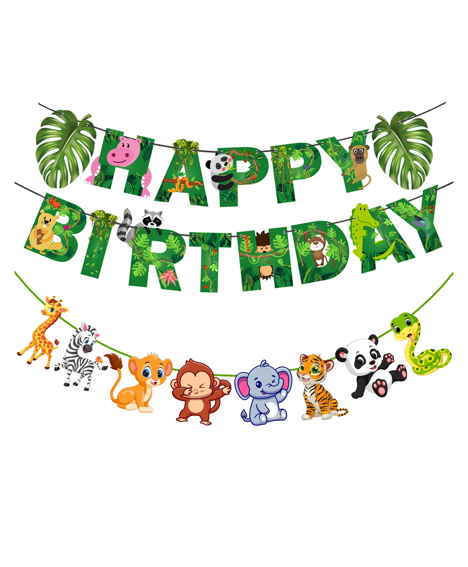 Zyozi Jungle Safari Animal Birthday Banner with Character Banner Birthday Green - Pack of 2