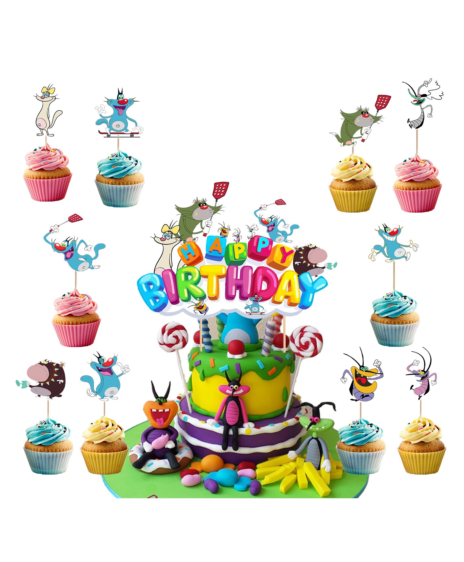 Zyozi Oggy and the Cockroaches Cartoon Theme Cake and Cupcake Topper Multicolour - Pack of 11-picture-13