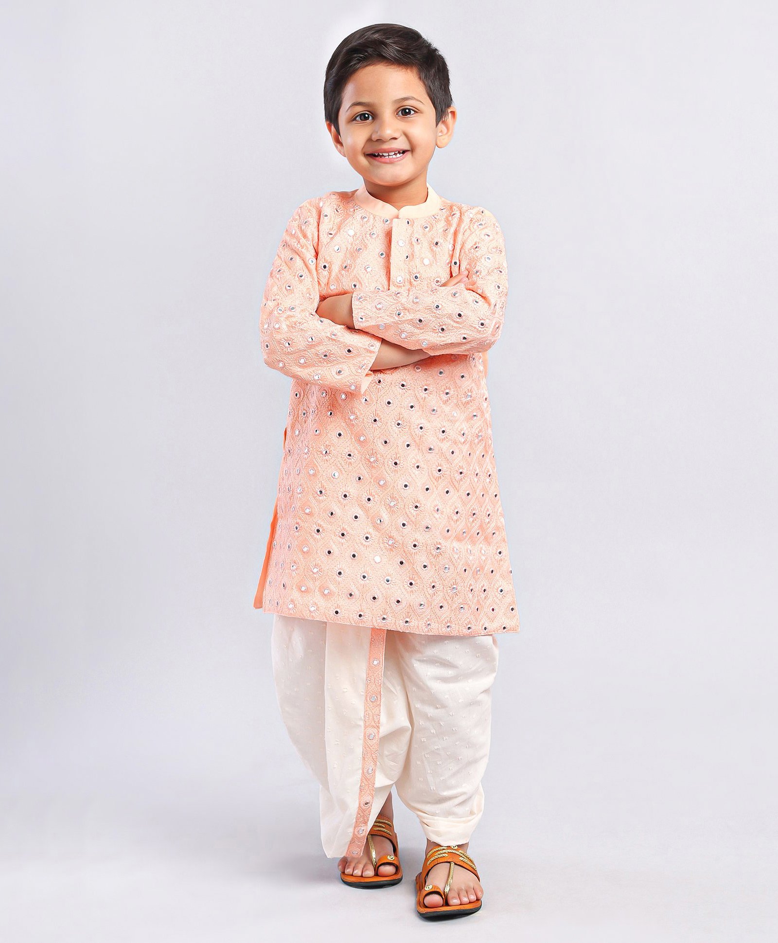 Babyhug Full Sleeves Embroidered Cotton Dhoti Pyjama Set- Peach-picture-13