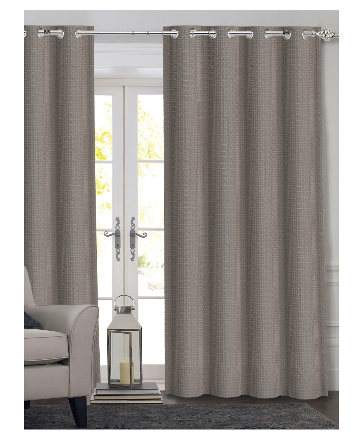 Saral Home Grey Waffle Design Cotton Yarn Eyelet Long Door Curtains - ( Set of 2,