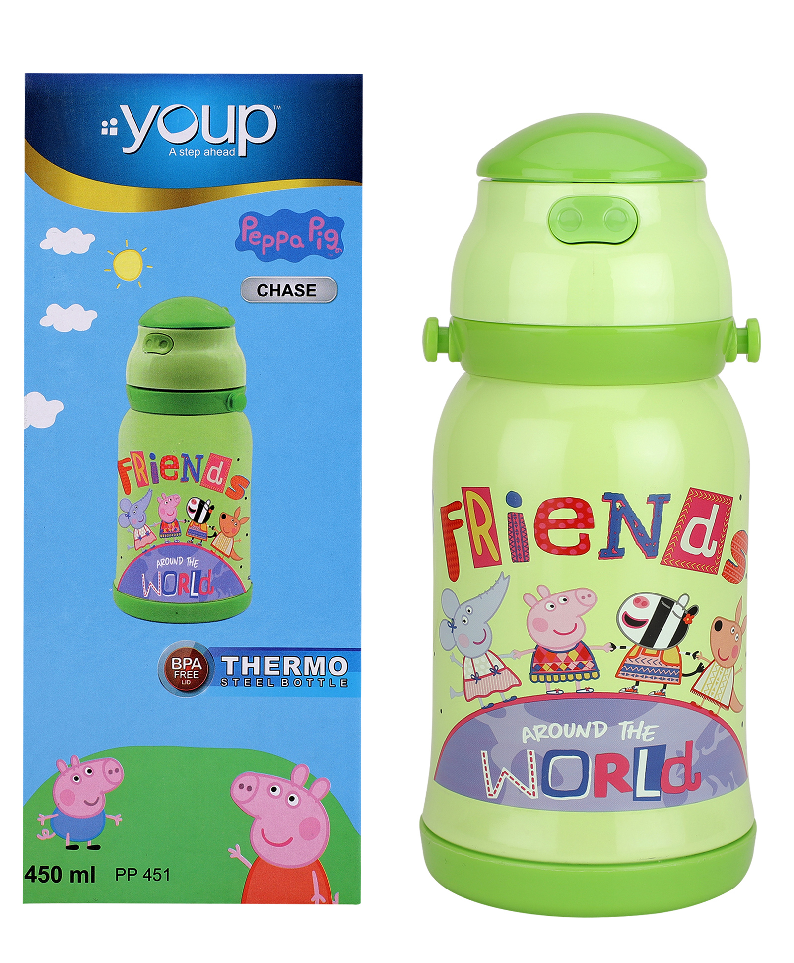 Youp Stainless Steel Green Color Peppa Pig Kids Insulated Double Wall Sipper Bottle Chase - 450ml-image-2