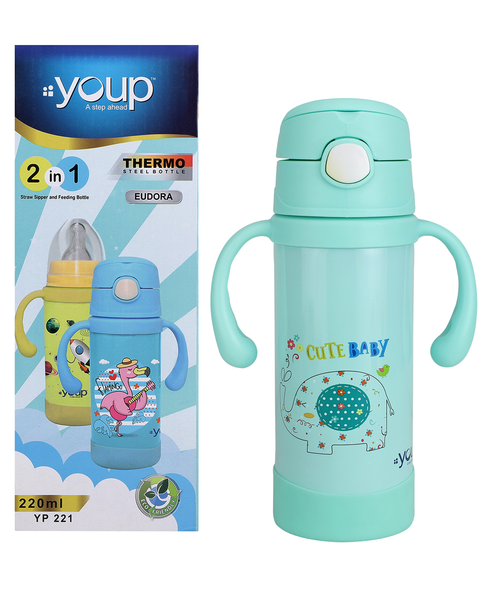 Youp Thermosteel Sea Green Color Kids Insulated Double Wall Sipper Cum Feeding Bottle Eudora- 220 ml-picture-35