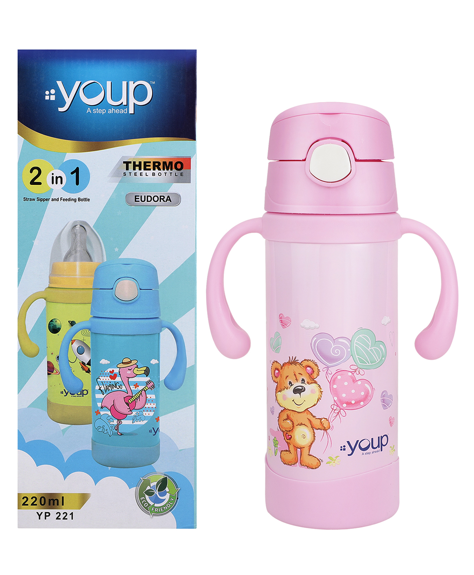 Youp Thermosteel Pink Color Kids Insulated Double Wall Sipper Cum Feeding Bottle Eudora- 220 ml-picture-1