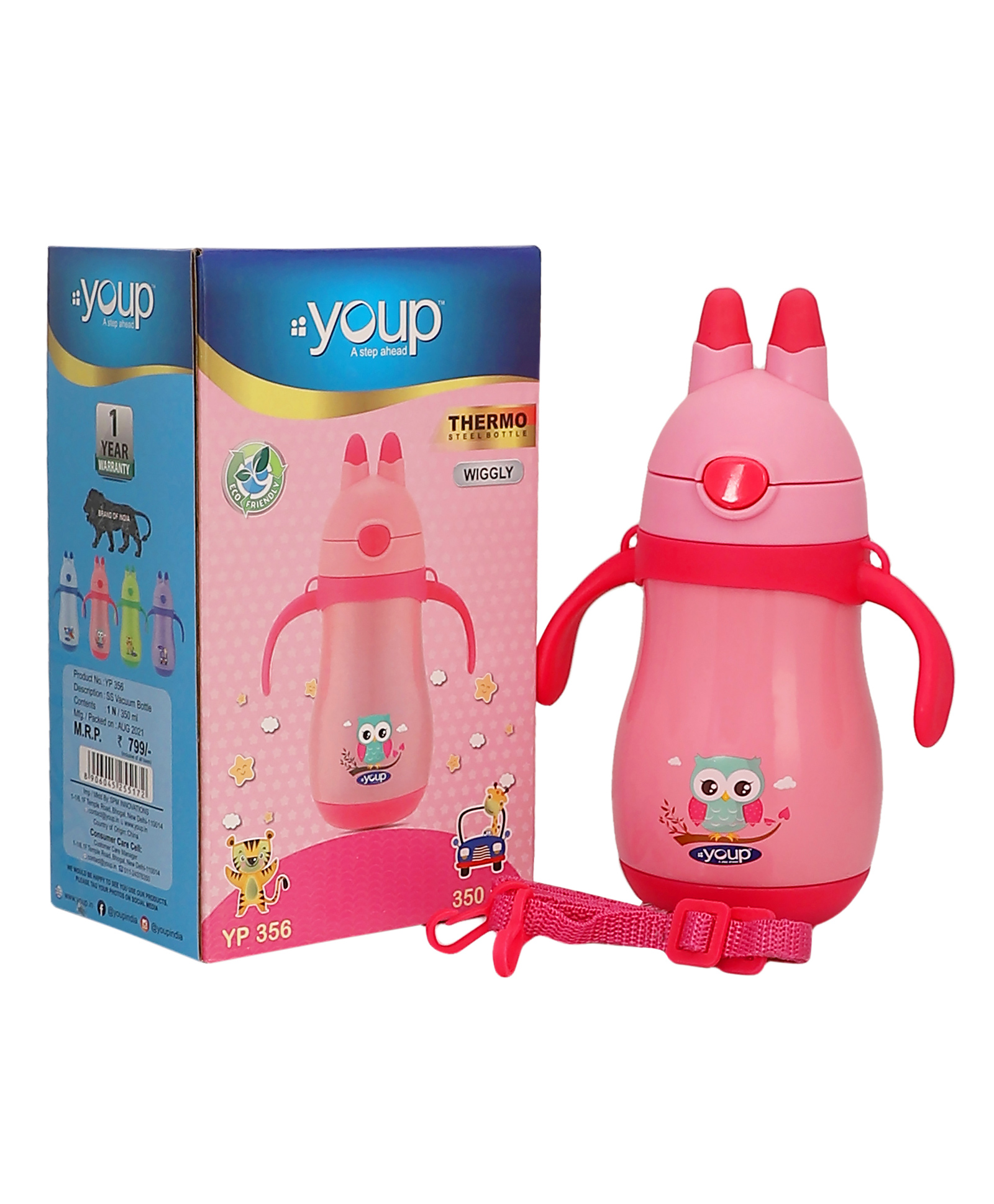 Youp Stainless Steel Blue color kids Insulated Double Wall sipper bottle with handle WIGGLY - 350 ml-picture-22