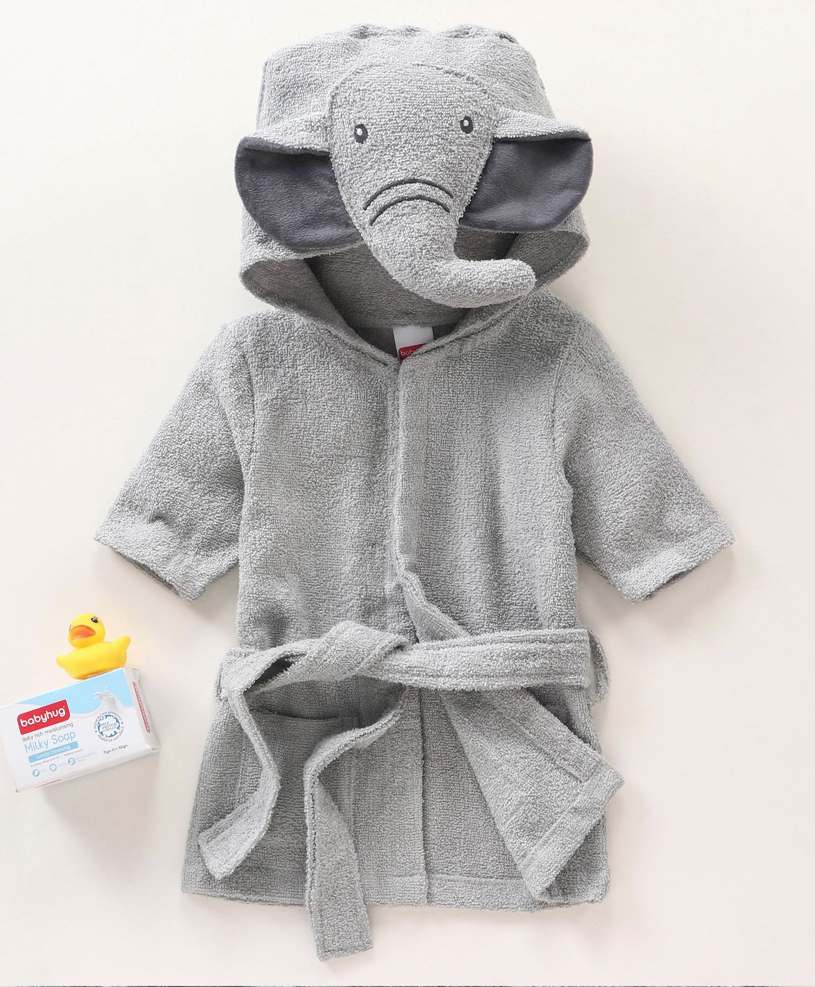Babyhug Three Fourth Sleeves Elephant Design Woven Terry Bath Robe - Grey-image-17